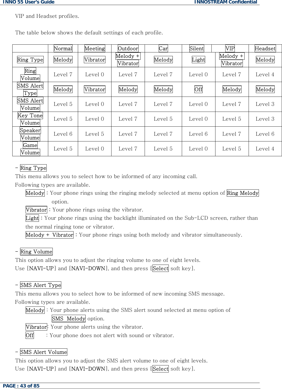 INNO 55 User&rsquo;s Guide  INNOSTREAM Confidential PAGE : 43 of 85    VIP and Headset profiles.    The table below shows the default settings of each profile.   Normal  Meeting  Outdoor  Car  Silent  VIP  Headset Ring Type  Melody  Vibrator  Melody + Vibrator  Melody  Light  Melody + Vibrator  Melody  Ring Volume  Level 7  Level 0  Level 7  Level 7  Level 0  Level 7  Level 4 SMS Alert Type  Melody  Vibrator  Melody  Melody  Off  Melody  Melody SMS Alert Volume  Level 5  Level 0  Level 7  Level 7  Level 0  Level 7  Level 3 Key Tone Volume  Level 5  Level 0  Level 7  Level 5  Level 0  Level 5  Level 3 Speaker Volume  Level 6  Level 5  Level 7  Level 7  Level 6  Level 7  Level 6 Game Volume  Level 5  Level 0  Level 7  Level 5  Level 0  Level 5  Level 4  - Ring Type This menu allows you to select how to be informed of any incoming call. Following types are available. Melody : Your phone rings using the ringing melody selected at menu option of Ring Melody  option. Vibrator : Your phone rings using the vibrator. Light : Your phone rings using the backlight illuminated on the Sub-LCD screen, rather than  the normal ringing tone or vibrator. Melody + Vibrator : Your phone rings using both melody and vibrator simultaneously.   - Ring Volume This option allows you to adjust the ringing volume to one of eight levels.  Use [NAVI-UP] and [NAVI-DOWN], and then press [Select soft key].   - SMS Alert Type This menu allows you to select how to be informed of new incoming SMS message.   Following types are available. Melody : Your phone alerts using the SMS alert sound selected at menu option of  SMS  Melody option. Vibrator: Your phone alerts using the vibrator. Off       : Your phone does not alert with sound or vibrator.  - SMS Alert Volume This option allows you to adjust the SMS alert volume to one of eight levels. Use [NAVI-UP] and [NAVI-DOWN], and then press [Select soft key].  