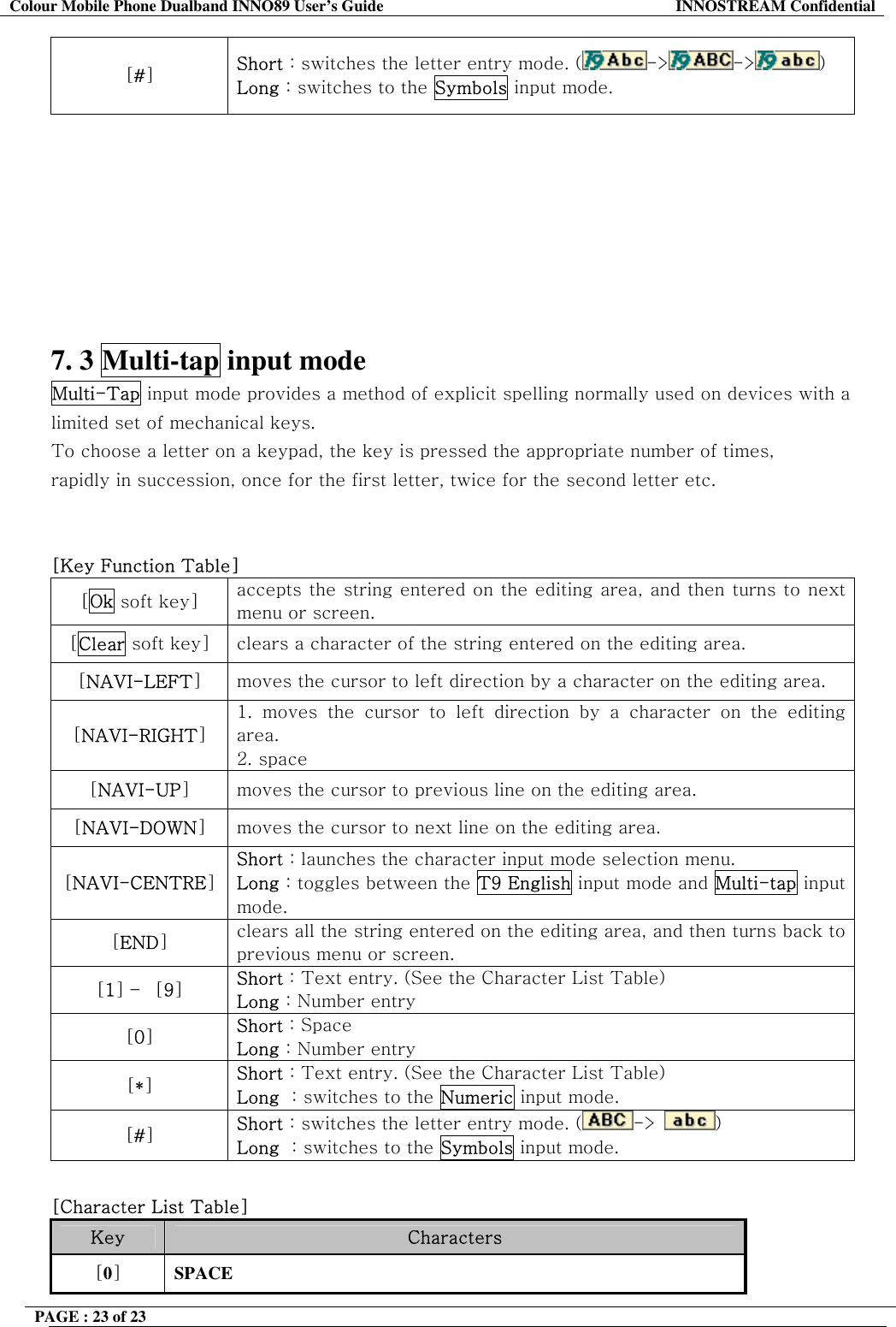 Colour Mobile Phone Dualband INNO89 User&rsquo;s Guide  INNOSTREAM Confidential PAGE : 23 of 23    [#] Short : switches the letter entry mode. ( -> -> )   Long : switches to the Symbols input mode.         7. 3 Multi-tap input mode Multi-Tap input mode provides a method of explicit spelling normally used on devices with a limited set of mechanical keys.  To choose a letter on a keypad, the key is pressed the appropriate number of times,  rapidly in succession, once for the first letter, twice for the second letter etc.   [Key Function Table]  [Ok soft key]  accepts the string entered on the editing area, and then turns to next menu or screen. [Clear soft key]  clears a character of the string entered on the editing area. [NAVI-LEFT] moves the cursor to left direction by a character on the editing area. [NAVI-RIGHT] 1. moves the cursor to left direction by a character on the editing area. 2. space [NAVI-UP] moves the cursor to previous line on the editing area. [NAVI-DOWN] moves the cursor to next line on the editing area. [NAVI-CENTRE] Short : launches the character input mode selection menu. Long : toggles between the T9 English input mode and Multi-tap input mode. [END] clears all the string entered on the editing area, and then turns back to previous menu or screen. [1] &ndash; [9] Short : Text entry. (See the Character List Table) Long : Number entry [0] Short : Space Long : Number entry [*] Short : Text entry. (See the Character List Table) Long  : switches to the Numeric input mode. [#] Short : switches the letter entry mode. ( ->󰚟)   Long  : switches to the Symbols input mode. 󰚟[Character List Table] Key  Characters [0] SPACE 