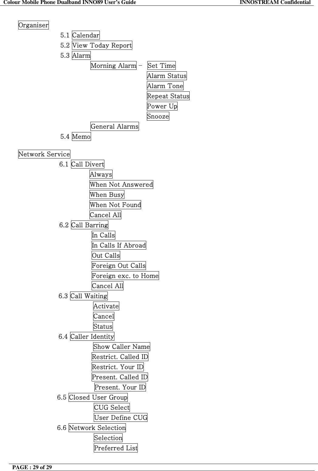 Colour Mobile Phone Dualband INNO89 User&rsquo;s Guide  INNOSTREAM Confidential PAGE : 29 of 29     Organiser 5.1 Calendar 5.2 View Today Report 5.3 Alarm               Morning Alarm &ndash;  Set Time                                         Alarm Status                                         Alarm Tone                                         Repeat Status                                         Power Up                                         Snooze               General Alarms 5.4 Memo  Network Service                    6.1 Call Divert                                  Always                                  When Not Answered                                  When Busy                                  When Not Found                                  Cancel All                    6.2 Call Barring                                   In Calls                                   In Calls If Abroad                                   Out Calls                                   Foreign Out Calls                                   Foreign exc. to Home                                   Cancel All 6.3 Call Waiting                 Activate                 Cancel                 Status 6.4 Caller Identity                 Show Caller Name                                   Restrict. Called ID                                   Restrict. Your ID                                   Present. Called ID Present. Your ID                   6.5 Closed User Group                                    CUG Select                                    User Define CUG                   6.6 Network Selection                                    Selection                                    Preferred List  