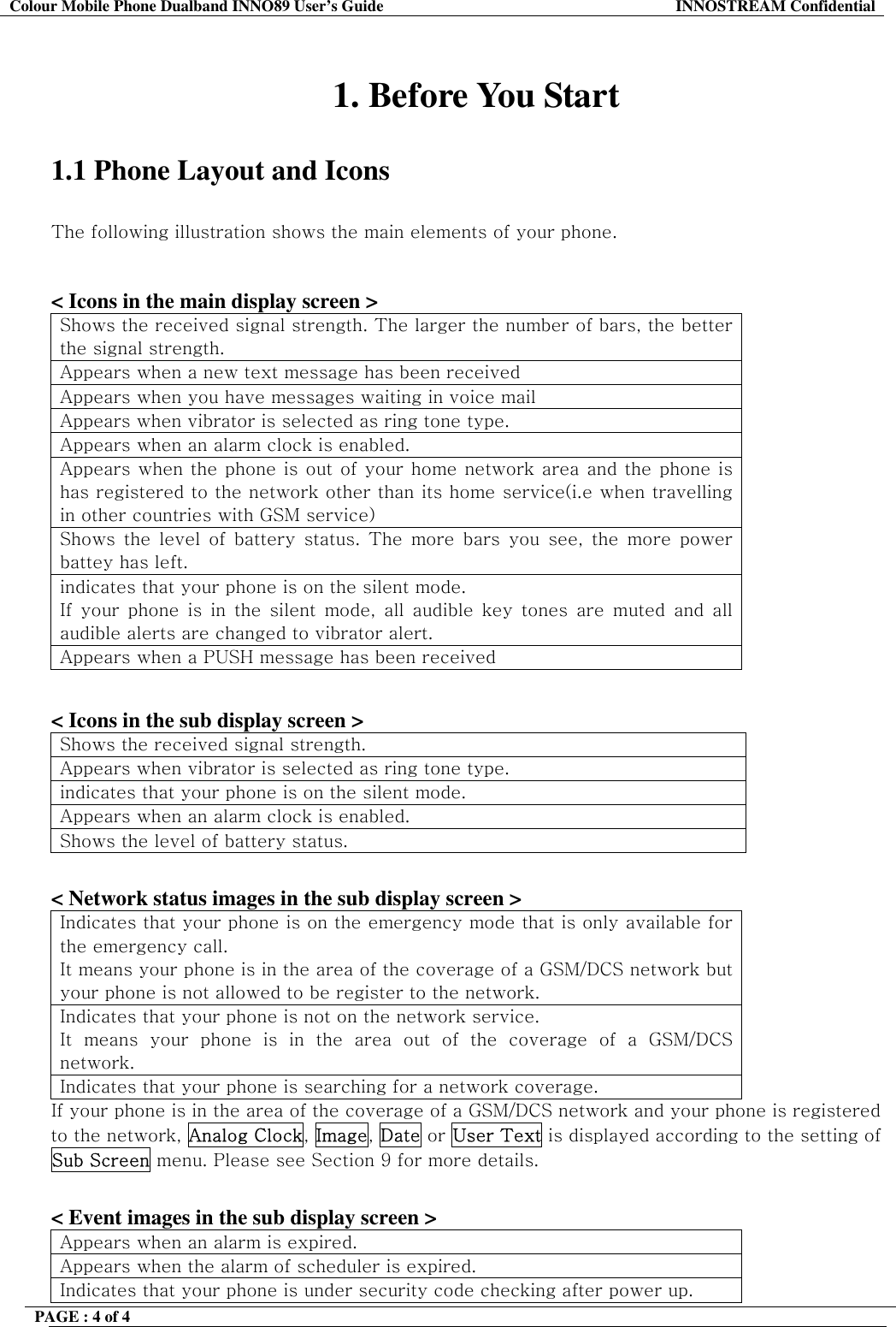 Colour Mobile Phone Dualband INNO89 User&rsquo;s Guide  INNOSTREAM Confidential PAGE : 4 of 4     1. Before You Start  1.1 Phone Layout and Icons  The following illustration shows the main elements of your phone.   < Icons in the main display screen > Shows the received signal strength. The larger the number of bars, the better the signal strength. Appears when a new text message has been received Appears when you have messages waiting in voice mail Appears when vibrator is selected as ring tone type. Appears when an alarm clock is enabled. Appears when the phone is out of your home network area and the phone is has registered to the network other than its home service(i.e when travelling in other countries with GSM service) Shows the level of battery status. The more bars you see, the more power battey has left. indicates that your phone is on the silent mode. If your phone is in the silent mode, all audible key tones are muted and all audible alerts are changed to vibrator alert. Appears when a PUSH message has been received  < Icons in the sub display screen > Shows the received signal strength. Appears when vibrator is selected as ring tone type. indicates that your phone is on the silent mode. Appears when an alarm clock is enabled. Shows the level of battery status.   < Network status images in the sub display screen > Indicates that your phone is on the emergency mode that is only available for the emergency call. It means your phone is in the area of the coverage of a GSM/DCS network but your phone is not allowed to be register to the network. Indicates that your phone is not on the network service. It means your phone is in the area out of the coverage of a GSM/DCS network. Indicates that your phone is searching for a network coverage. If your phone is in the area of the coverage of a GSM/DCS network and your phone is registered to the network, Analog Clock, Image, Date or User Text is displayed according to the setting of Sub Screen menu. Please see Section 9 for more details.  < Event images in the sub display screen > Appears when an alarm is expired. Appears when the alarm of scheduler is expired. Indicates that your phone is under security code checking after power up. 