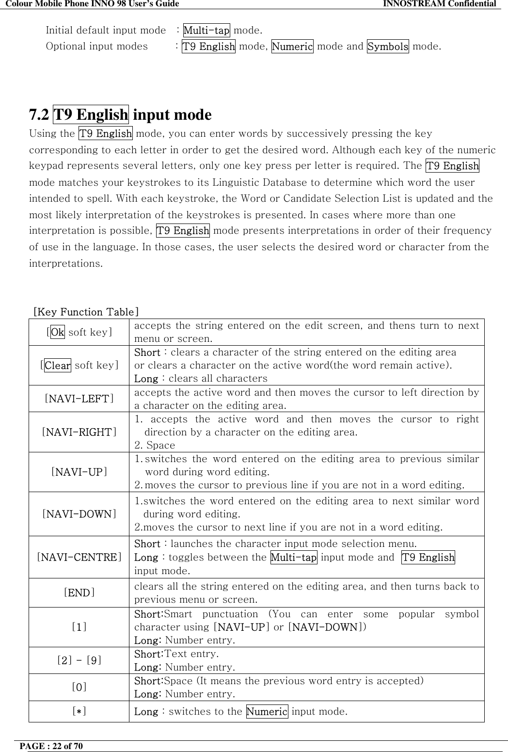 Colour Mobile Phone INNO 98 User&rsquo;s Guide  INNOSTREAM Confidential      Initial default input mode   : Multi-tap mode.      Optional input modes        : T9 English mode, Numeric mode and Symbols mode.    7.2 T9 English input mode  Using the T9 English mode, you can enter words by successively pressing the key corresponding to each letter in order to get the desired word. Although each key of the numeric keypad represents several letters, only one key press per letter is required. The T9 English mode matches your keystrokes to its Linguistic Database to determine which word the user intended to spell. With each keystroke, the Word or Candidate Selection List is updated and the most likely interpretation of the keystrokes is presented. In cases where more than one interpretation is possible, T9 English mode presents interpretations in order of their frequency of use in the language. In those cases, the user selects the desired word or character from the interpretations.    [Key Function Table] [Ok soft key]  accepts the string entered on the edit screen, and thens turn to next menu or screen. [Clear soft key] Short : clears a character of the string entered on the editing area  or clears a character on the active word(the word remain active). Long : clears all characters [NAVI-LEFT] accepts the active word and then moves the cursor to left direction by a character on the editing area. [NAVI-RIGHT] 1. accepts the active word and then moves the cursor to right direction by a character on the editing area. 2. Space [NAVI-UP] 1. switches the word entered on the editing area to previous similar word during word editing. 2. moves the cursor to previous line if you are not in a word editing. [NAVI-DOWN] 1. switches the word entered on the editing area to next similar word during word editing. 2. moves the cursor to next line if you are not in a word editing. [NAVI-CENTRE] Short : launches the character input mode selection menu. Long : toggles between the Multi-tap input mode and  T9 English input mode. [END] clears all the string entered on the editing area, and then turns back to previous menu or screen. [1] Short:Smart punctuation (You can enter some popular symbol character using [NAVI-UP] or [NAVI-DOWN]) Long: Number entry. [2] - [9] Short:Text entry. Long: Number entry. [0] Short:Space (It means the previous word entry is accepted) Long: Number entry. [*] Long : switches to the Numeric input mode. PAGE : 22 of 70    