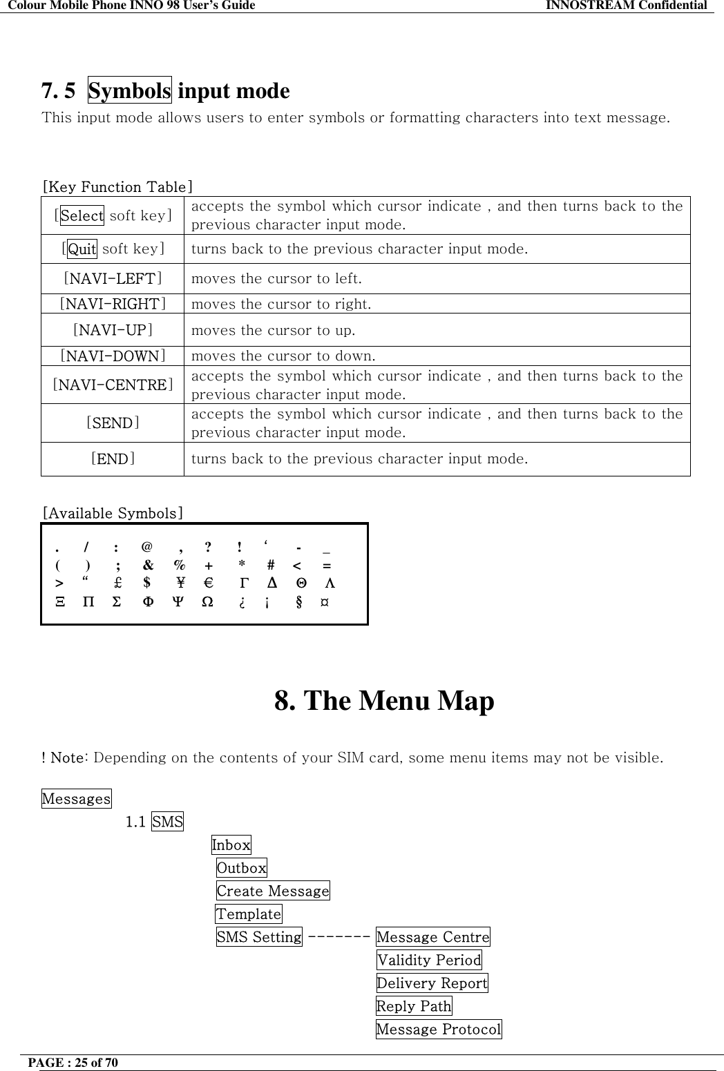 Colour Mobile Phone INNO 98 User&rsquo;s Guide  INNOSTREAM Confidential   7. 5  Symbols input mode This input mode allows users to enter symbols or formatting characters into text message.    [Key Function Table]  [Select soft key]  accepts the symbol which cursor indicate , and then turns back to the previous character input mode. [Quit soft key]  turns back to the previous character input mode. [NAVI-LEFT] moves the cursor to left. [NAVI-RIGHT] moves the cursor to right. [NAVI-UP] moves the cursor to up. [NAVI-DOWN] moves the cursor to down. [NAVI-CENTRE] accepts the symbol which cursor indicate , and then turns back to the previous character input mode. [SEND] accepts the symbol which cursor indicate , and then turns back to the previous character input mode. [END] turns back to the previous character input mode.  [Available Symbols] .       /       :      @       ,      ?       !      &lsquo;     -      _ (       )       ;      &amp;     %     +       *      #     <      = >     &ldquo;     ￡      $       ￥     &euro;      &Gamma;     &Delta;    &Theta;     &Lambda; &Xi;     &Pi;     &Sigma;      &Phi;     &Psi;     Ω       &iquest;     &iexcl;       &sect;     &curren;   8. The Menu Map  ! Note: Depending on the contents of your SIM card, some menu items may not be visible.  Messages                  1.1 SMS               Inbox                Outbox                Create Message Template                SMS Setting ------- Message Centre Validity Period Delivery Report Reply Path Message Protocol PAGE : 25 of 70    