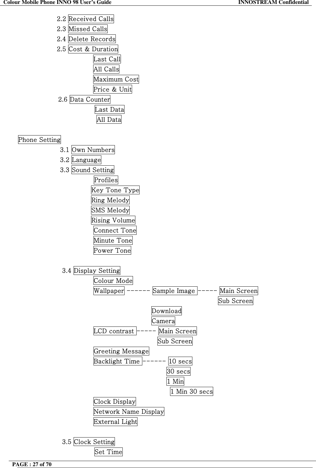Colour Mobile Phone INNO 98 User&rsquo;s Guide  INNOSTREAM Confidential                   2.2 Received Calls                   2.3 Missed Calls                   2.4 Delete Records                   2.5 Cost &amp; Duration                                    Last Call                                    All Calls                                    Maximum Cost                                    Price &amp; Unit 2.6 Data Counter                  Last Data                 All Data   Phone Setting 3.1 Own Numbers 3.2 Language  3.3 Sound Setting Profiles                                   Key Tone Type                                   Ring Melody                                   SMS Melody                                   Rising Volume Connect Tone Minute Tone Power Tone   3.4 Display Setting Colour Mode  Wallpaper ------ Sample Image ----- Main Screen                                                           Sub Screen                            Download                            Camera LCD contrast ----- Main Screen Sub Screen Greeting Message Backlight Time ------ 10 secs                                   30 secs                                    1 Min 1 Min 30 secs Clock Display Network Name Display External Light                                              3.5 Clock Setting                 Set Time PAGE : 27 of 70    