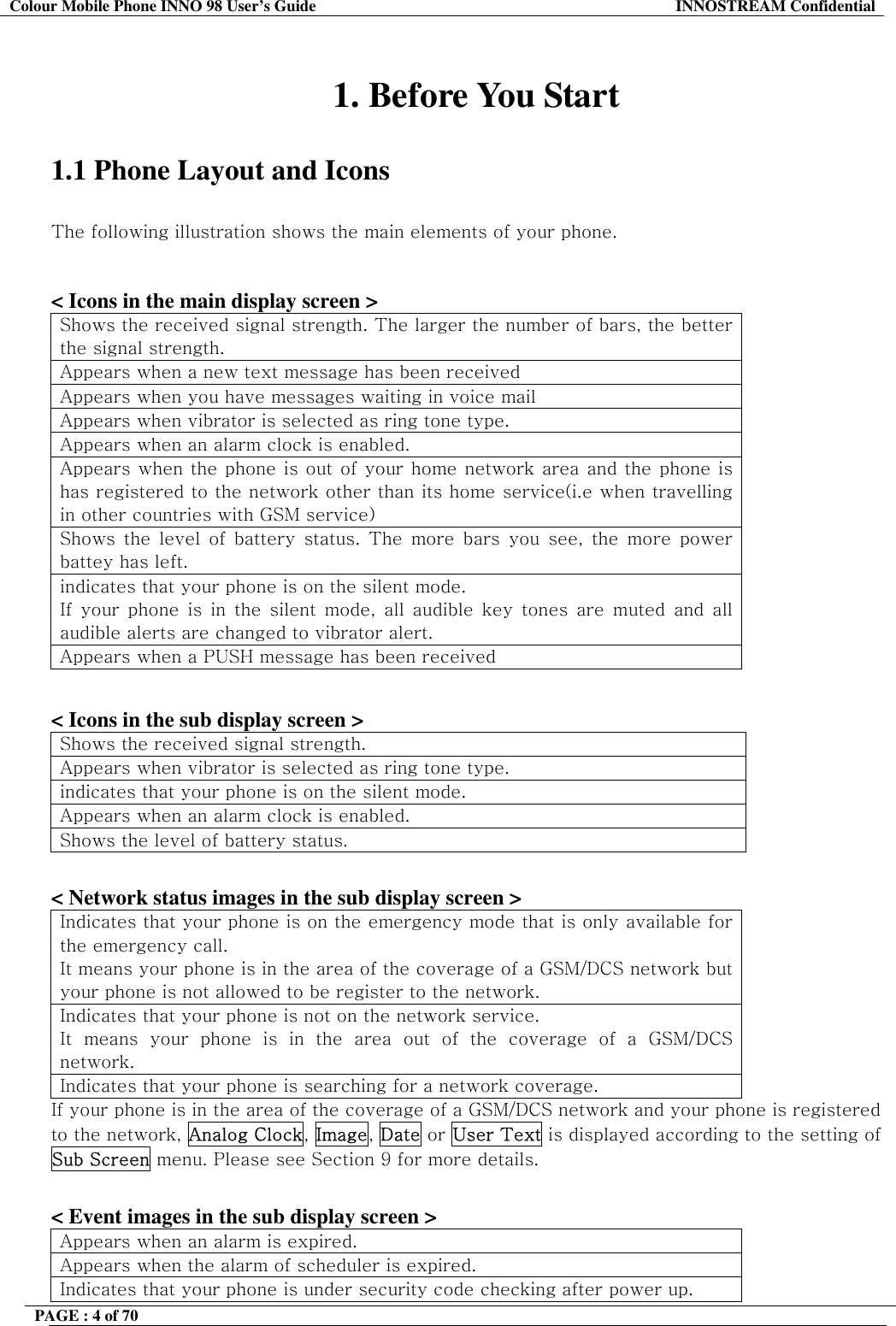 Colour Mobile Phone INNO 98 User&rsquo;s Guide  INNOSTREAM Confidential  1. Before You Start  1.1 Phone Layout and Icons  The following illustration shows the main elements of your phone.   < Icons in the main display screen > Shows the received signal strength. The larger the number of bars, the better the signal strength. Appears when a new text message has been received Appears when you have messages waiting in voice mail Appears when vibrator is selected as ring tone type. Appears when an alarm clock is enabled. Appears when the phone is out of your home network area and the phone is has registered to the network other than its home service(i.e when travelling in other countries with GSM service) Shows the level of battery status. The more bars you see, the more power battey has left. indicates that your phone is on the silent mode. If your phone is in the silent mode, all audible key tones are muted and all audible alerts are changed to vibrator alert. Appears when a PUSH message has been received  < Icons in the sub display screen > Shows the received signal strength. Appears when vibrator is selected as ring tone type. indicates that your phone is on the silent mode. Appears when an alarm clock is enabled. Shows the level of battery status.   < Network status images in the sub display screen > Indicates that your phone is on the emergency mode that is only available for the emergency call. It means your phone is in the area of the coverage of a GSM/DCS network but your phone is not allowed to be register to the network. Indicates that your phone is not on the network service. It means your phone is in the area out of the coverage of a GSM/DCS network. Indicates that your phone is searching for a network coverage. If your phone is in the area of the coverage of a GSM/DCS network and your phone is registered to the network, Analog Clock, Image, Date or User Text is displayed according to the setting of Sub Screen menu. Please see Section 9 for more details.  < Event images in the sub display screen > Appears when an alarm is expired. Appears when the alarm of scheduler is expired. Indicates that your phone is under security code checking after power up. PAGE : 4 of 70    