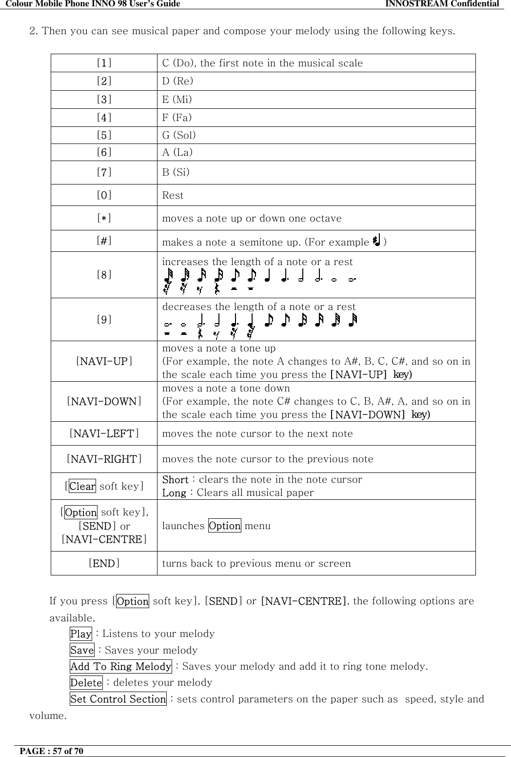 Colour Mobile Phone INNO 98 User&rsquo;s Guide  INNOSTREAM Confidential 2. Then you can see musical paper and compose your melody using the following keys.  [1]  C (Do), the first note in the musical scale [2] D (Re) [3] E (Mi) [4] F (Fa) [5] G (Sol) [6] A (La) [7] B (Si) [0] Rest [*] moves a note up or down one octave [#] makes a note a semitone up. (For example  ) [8] increases the length of a note or a rest                                                   [9] decreases the length of a note or a rest                                                   [NAVI-UP] moves a note a tone up  (For example, the note A changes to A#, B, C, C#, and so on in the scale each time you press the [NAVI-UP]󰚟key) [NAVI-DOWN] moves a note a tone down  (For example, the note C# changes to C, B, A#, A, and so on in the scale each time you press the [NAVI-DOWN]󰚟key) [NAVI-LEFT] moves the note cursor to the next note [NAVI-RIGHT] moves the note cursor to the previous note [Clear soft key]  Short : clears the note in the note cursor Long : Clears all musical paper [Option soft key], [SEND] or [NAVI-CENTRE] launches Option menu [END] turns back to previous menu or screen  If you press [Option soft key], [SEND] or [NAVI-CENTRE], the following options are available. Play : Listens to your melody Save : Saves your melody Add To Ring Melody : Saves your melody and add it to ring tone melody. Delete : deletes your melody Set Control Section : sets control parameters on the paper such as  speed, style and volume.  PAGE : 57 of 70    