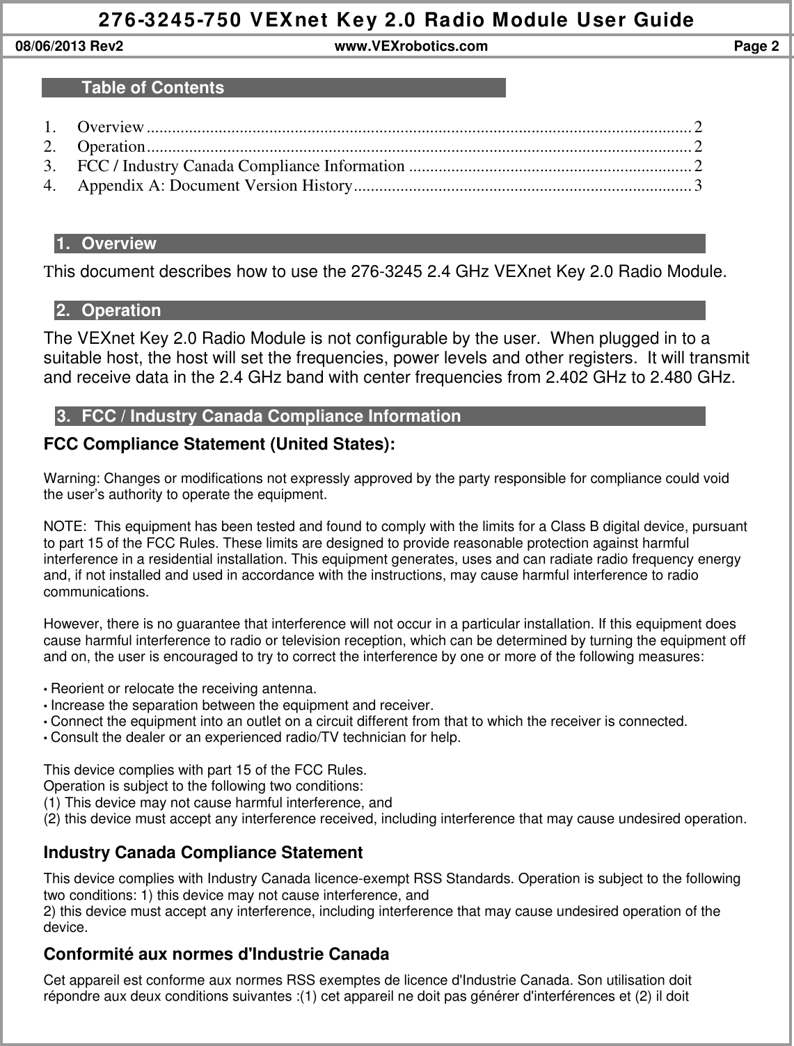 Page 2 of Innovation First RAD03B VEXNET KEY 2.0 User Manual 