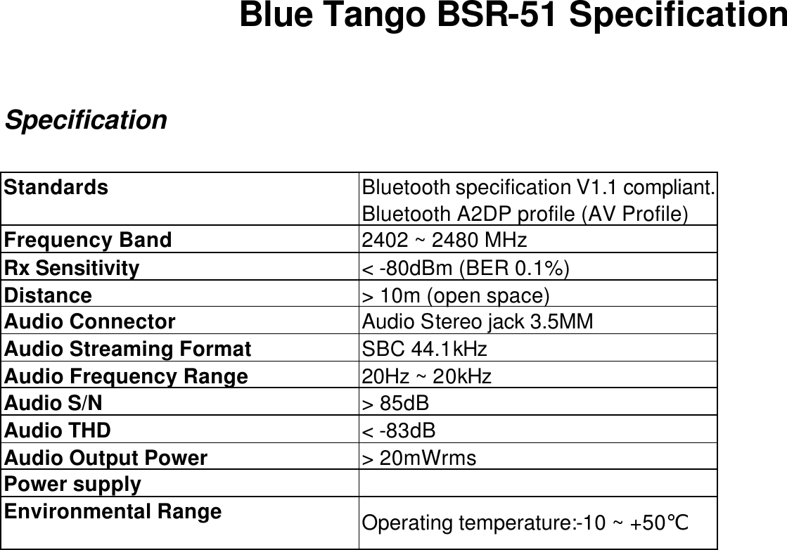 Blue Tango BSR-51 Specification  Specification  Standards Bluetooth specification V1.1 compliant. Bluetooth A2DP profile (AV Profile) Frequency Band 2402 ~ 2480 MHz Rx Sensitivity < -80dBm (BER 0.1%) Distance > 10m (open space) Audio Connector Audio Stereo jack 3.5MM Audio Streaming Format SBC 44.1kHz Audio Frequency Range 20Hz ~ 20kHz Audio S/N > 85dB Audio THD < -83dB Audio Output Power > 20mWrms Power supply  Environmental Range Operating temperature:-10 ~ +50℃      