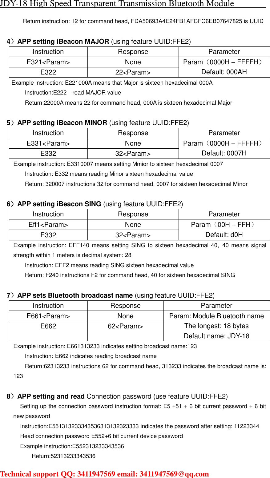 JDY-18 High Speed Transparent Transmission Bluetooth Module                                     Technical support QQ: 3411947569 email: 3411947569@qq.com   Return instruction: 12 for command head, FDA50693A4E24FB1AFCFC6EB07647825 is UUID  4）APP setting iBeacon MAJOR (using feature UUID:FFE2) Instruction Response Parameter E321&lt;Param&gt; None Param（0000H – FFFFH） Default: 000AH E322 22&lt;Param&gt; Example instruction: E221000A means that Major is sixteen hexadecimal 000A Instruction:E222  read MAJOR value Return:22000A means 22 for command head, 000A is sixteen hexadecimal Major  5）APP setting iBeacon MINOR (using feature UUID:FFE2) Instruction Response Parameter E331&lt;Param&gt; None Param（0000H – FFFFH） Default: 0007H E332 32&lt;Param&gt; Example instruction: E3310007 means setting Mmior to sixteen hexadecimal 0007 Instruction: E332 means reading Minor sixteen hexadecimal value Return: 320007 instructions 32 for command head, 0007 for sixteen hexadecimal Minor  6）APP setting iBeacon SING (using feature UUID:FFE2) Instruction Response Parameter Eff1&lt;Param&gt; None Param（00H – FFH） Default: d0H E332 32&lt;Param&gt; Example  instruction:  EFF140 means  setting SING  to  sixteen  hexadecimal  40, 40  means signal strength within 1 meters is decimal system: 28 Instruction: EFF2 means reading SING sixteen hexadecimal value Return: F240 instructions F2 for command head, 40 for sixteen hexadecimal SING  7）APP sets Bluetooth broadcast name (using feature UUID:FFE2) Instruction Response Parameter E661&lt;Param&gt; None Param: Module Bluetooth name The longest: 18 bytes Default name: JDY-18 E662 62&lt;Param&gt; Example instruction: E661313233 indicates setting broadcast name:123 Instruction: E662 indicates reading broadcast name Return:62313233 instructions 62 for command head, 313233 indicates the broadcast name is: 123  8）APP setting and read Connection password (use feature UUID:FFE2) Setting up the connection password instruction format: E5 +51 + 6 bit current password + 6 bit new password Instruction:E551313233343536313132323333 indicates the password after setting: 11223344 Read connection password E552+6 bit current device password   Example instruction:E552313233343536               Return:52313233343536 