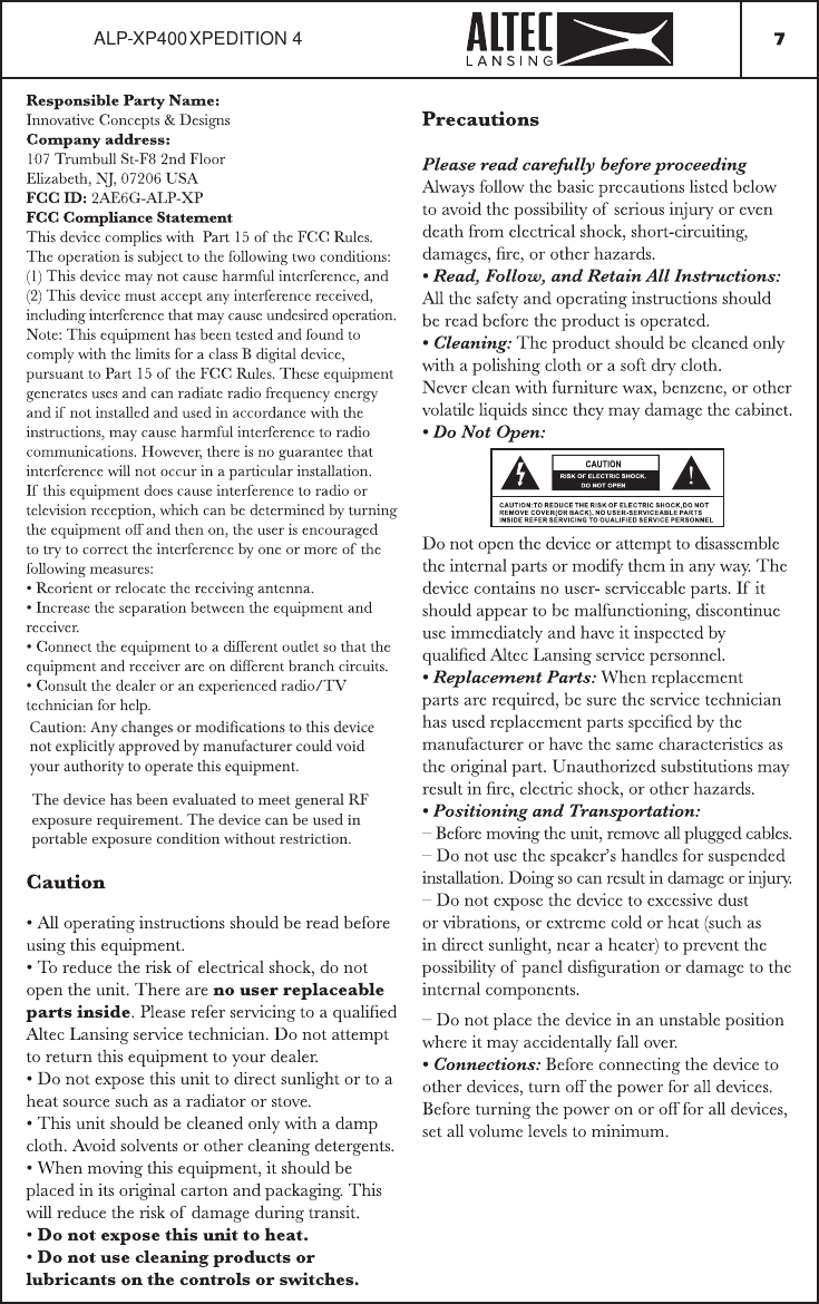 Page 7 of Innovative Concepts and Design ALP-XP BLUETOOTH SPEAKER User Manual 