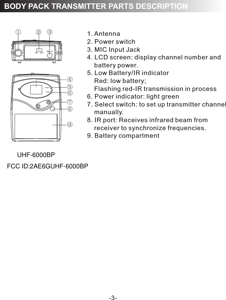 -3-1. Antenna2. Power switch3. MIC Input Jack4. LCD screen: display channel number and     battery power.5. Low Battery/IR indicator    Red: low battery;    Flashing red-IR transmission in process6. Power indicator: light green7. Select switch: to set up transmitter channel     manually. 8. IR port: Receives infrared beam from     receiver to synchronize frequencies. 9. Battery compartmentBODY PACK TRANSMITTER PARTS DESCRIPTIONUHF-6000BPFCC ID:2AE6GUHF-6000BP
