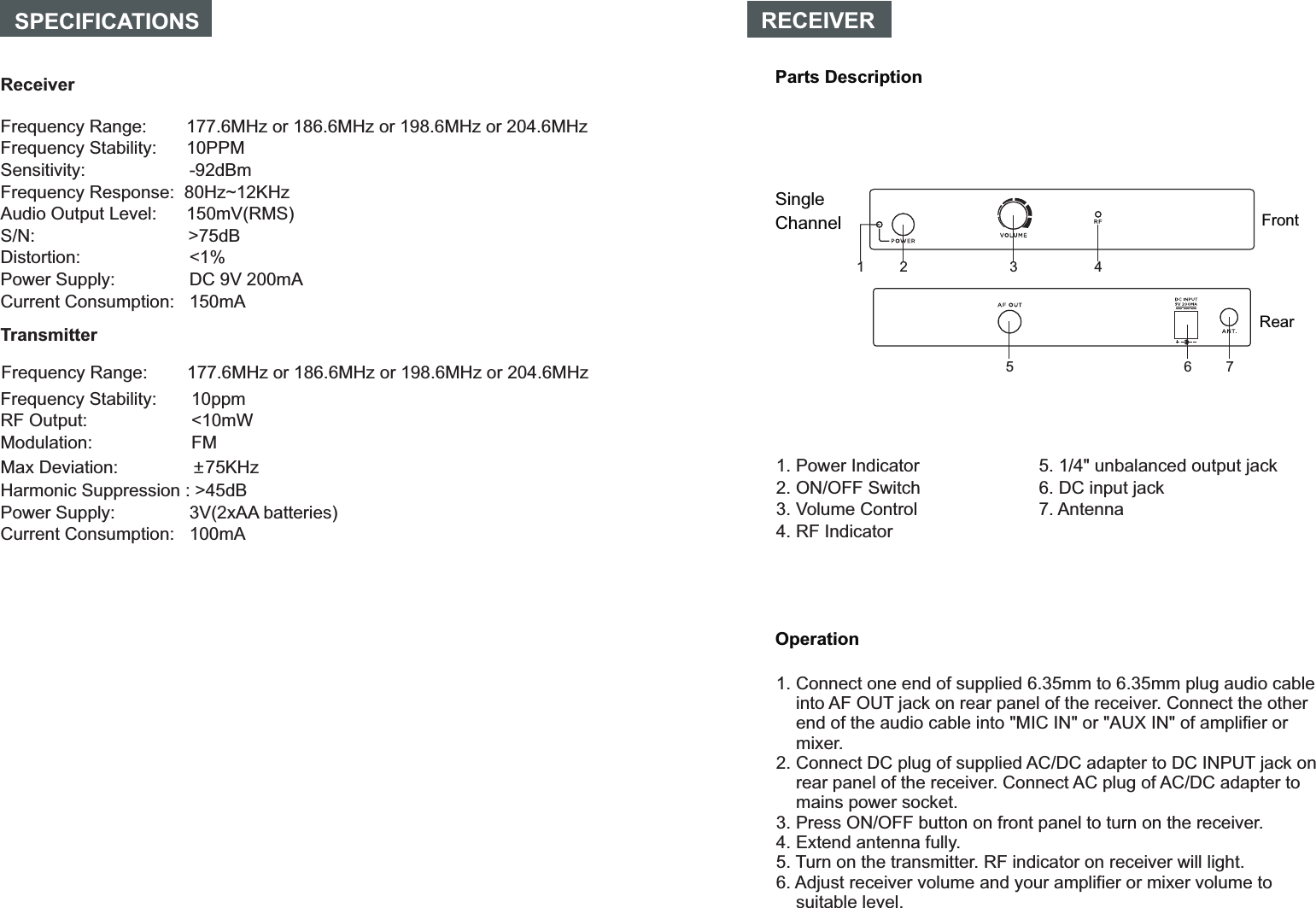 1. Power Indicator2. ON/OFF Switch3. Volume Control4. RF Indicator1. Connect one end of supplied 6.35mm to 6.35mm plug audio cable  into AF OUT jack on rear panel of the receiver. Connect the other end of the audio cable into &quot;MIC IN&quot; or &quot;AUX IN&quot; of amplifier or mixer.2. Connect DC plug of supplied AC/DC adapter to DC INPUT jack on rear panel of the receiver. Connect AC plug of AC/DC adapter to mains power socket.  3. Press ON/OFF button on front panel to turn on the receiver.4. Extend antenna fully. 5. Turn on the transmitter. RF indicator on receiver will light. 6. Adjust receiver volume and your amplifier or mixer volume to suitable level.RECEIVERParts DescriptionSingle Channel FrontRearOperation1423567SPECIFICATIONS ReceiverFrequency Range:        177.6MHz or 186.6MHz or 198.6MHz or 204.6MHzFrequency Stability:      10PPMSensitivity:                     -92dBmFrequency Response:  80Hz~12KHzAudio Output Level:      150mV(RMS)S/N:                               &gt;75dBDistortion:                      &lt;1%Power Supply:               DC 9V 200mACurrent Consumption:   150mATransmitterFrequency Stability:       10ppmRF Output:                     &lt;10mWModulation:                    FMMax Deviation:               ±75KHzHarmonic Suppression : &gt;45dBPower Supply:               3V(2xAA batteries)Current Consumption:   100mA5. 1/4&quot; unbalanced output jack6. DC input jack7. AntennaFrequency Range:        177.6MHz or 186.6MHz or 198.6MHz or 204.6MHz