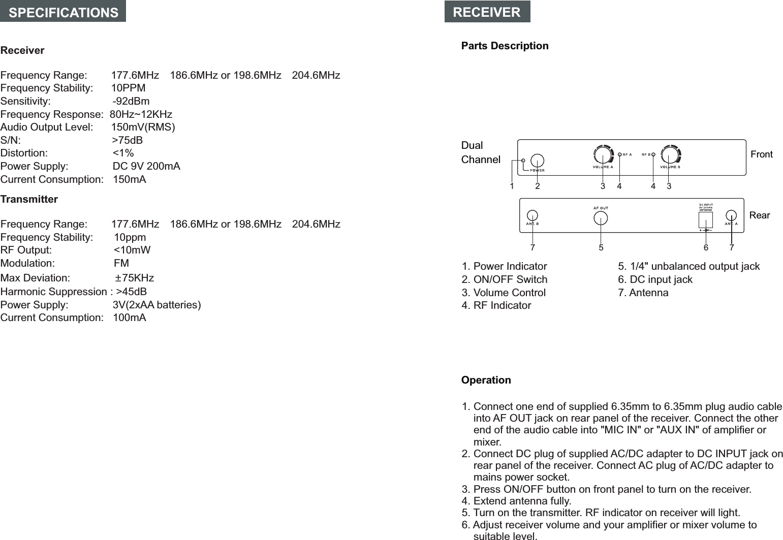 1. Power Indicator2. ON/OFF Switch3. Volume Control4. RF Indicator1. Connect one end of supplied 6.35mm to 6.35mm plug audio cable  into AF OUT jack on rear panel of the receiver. Connect the other end of the audio cable into &quot;MIC IN&quot; or &quot;AUX IN&quot; of amplifier or mixer.2. Connect DC plug of supplied AC/DC adapter to DC INPUT jack on rear panel of the receiver. Connect AC plug of AC/DC adapter to mains power socket.  3. Press ON/OFF button on front panel to turn on the receiver.4. Extend antenna fully. 5. Turn on the transmitter. RF indicator on receiver will light. 6. Adjust receiver volume and your amplifier or mixer volume to suitable level.RECEIVERParts DescriptionDualChannel FrontRearOperation1423 345 67SPECIFICATIONS ReceiverFrequency Range:        177.6MHz186.6MHz or 198.6MHz204.6MHzFrequency Stability:      10PPMSensitivity:                     -92dBmFrequency Response:  80Hz~12KHzAudio Output Level:      150mV(RMS)S/N:                               &gt;75dBDistortion:                      &lt;1%Power Supply:               DC 9V 200mACurrent Consumption:   150mATransmitterFrequency Stability:       10ppmRF Output:                     &lt;10mWModulation:                    FMMax Deviation:               ±75KHzHarmonic Suppression : &gt;45dBPower Supply:               3V(2xAA batteries)Current Consumption:   100mA5. 1/4&quot; unbalanced output jack6. DC input jack7. Antenna7Frequency Range:        177.6MHz186.6MHz or 198.6MHz204.6MHz