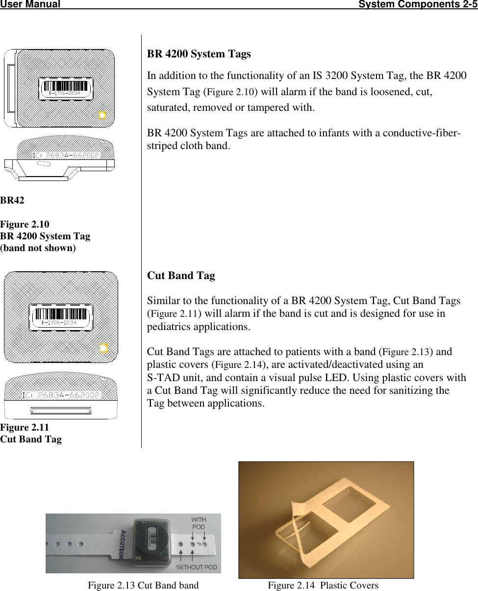 User Manual                                                                                                         System Components 2-5                            BR42 Figure 2.10 BR 4200 System Tag  (band not shown) BR 4200 System Tags In addition to the functionality of an IS 3200 System Tag, the BR 4200 System Tag (Figure 2.10) will alarm if the band is loosened, cut, saturated, removed or tampered with.  BR 4200 System Tags are attached to infants with a conductive-fiber-striped cloth band.   Figure 2.11 Cut Band Tag  Cut Band Tag Similar to the functionality of a BR 4200 System Tag, Cut Band Tags (Figure 2.11) will alarm if the band is cut and is designed for use in pediatrics applications.  Cut Band Tags are attached to patients with a band (Figure 2.13) and plastic covers (Figure 2.14), are activated/deactivated using an  S-TAD unit, and contain a visual pulse LED. Using plastic covers with a Cut Band Tag will significantly reduce the need for sanitizing the Tag between applications.                                                                     Figure 2.13 Cut Band band                           Figure 2.14  Plastic Covers 