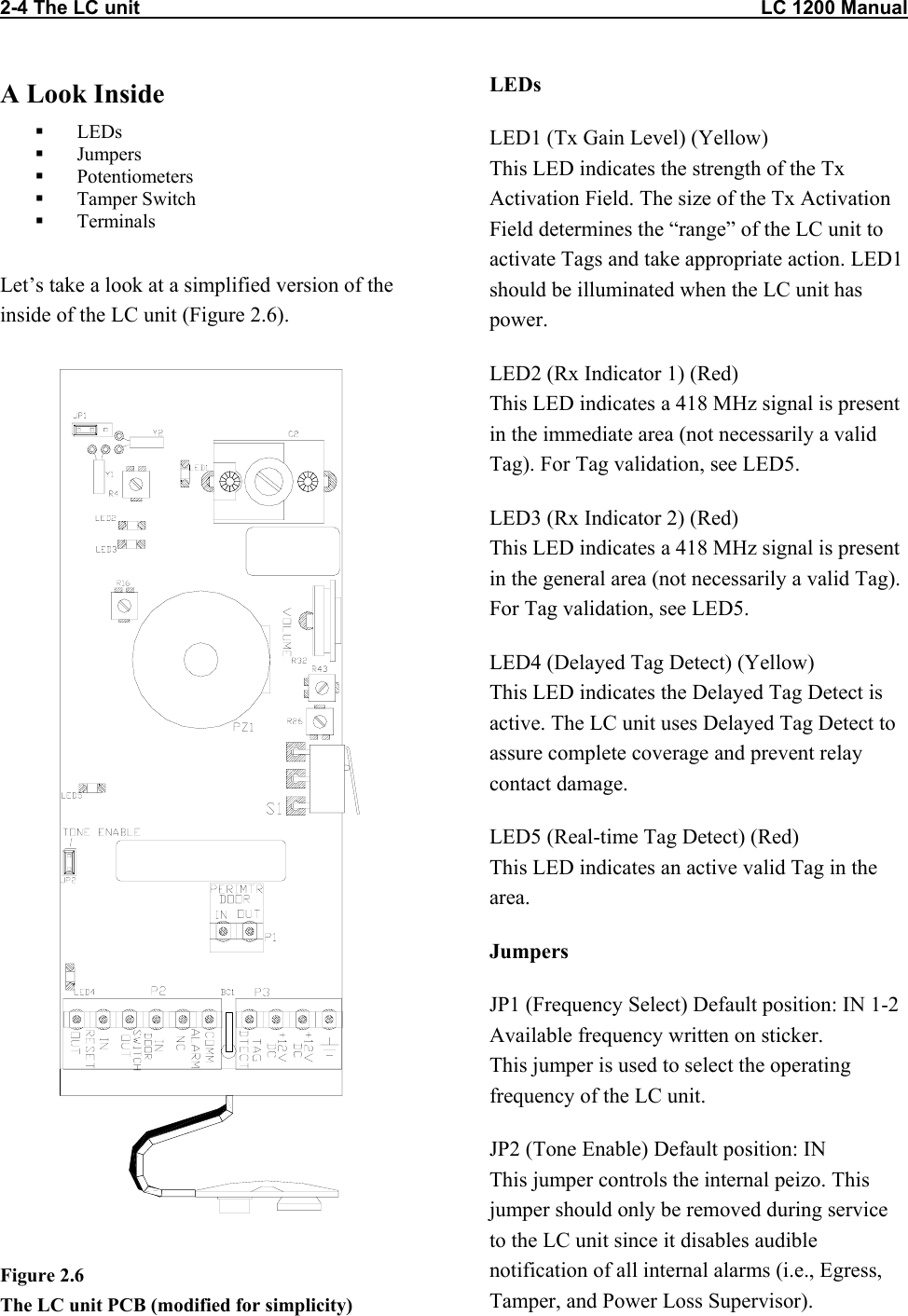 2-4 The LC unit                                                                                                                   LC 1200 Manual A Look Inside   LEDs   Jumpers   Potentiometers   Tamper Switch   Terminals  Let&rsquo;s take a look at a simplified version of the inside of the LC unit (Figure 2.6).  Figure 2.6  The LC unit PCB (modified for simplicity)LEDs LED1 (Tx Gain Level) (Yellow) This LED indicates the strength of the Tx Activation Field. The size of the Tx Activation Field determines the &ldquo;range&rdquo; of the LC unit to activate Tags and take appropriate action. LED1 should be illuminated when the LC unit has power. LED2 (Rx Indicator 1) (Red) This LED indicates a 418 MHz signal is present in the immediate area (not necessarily a valid Tag). For Tag validation, see LED5. LED3 (Rx Indicator 2) (Red) This LED indicates a 418 MHz signal is present in the general area (not necessarily a valid Tag). For Tag validation, see LED5. LED4 (Delayed Tag Detect) (Yellow) This LED indicates the Delayed Tag Detect is active. The LC unit uses Delayed Tag Detect to assure complete coverage and prevent relay contact damage. LED5 (Real-time Tag Detect) (Red) This LED indicates an active valid Tag in the area. Jumpers JP1 (Frequency Select) Default position: IN 1-2  Available frequency written on sticker. This jumper is used to select the operating frequency of the LC unit.  JP2 (Tone Enable) Default position: IN This jumper controls the internal peizo. This jumper should only be removed during service to the LC unit since it disables audible notification of all internal alarms (i.e., Egress, Tamper, and Power Loss Supervisor). 