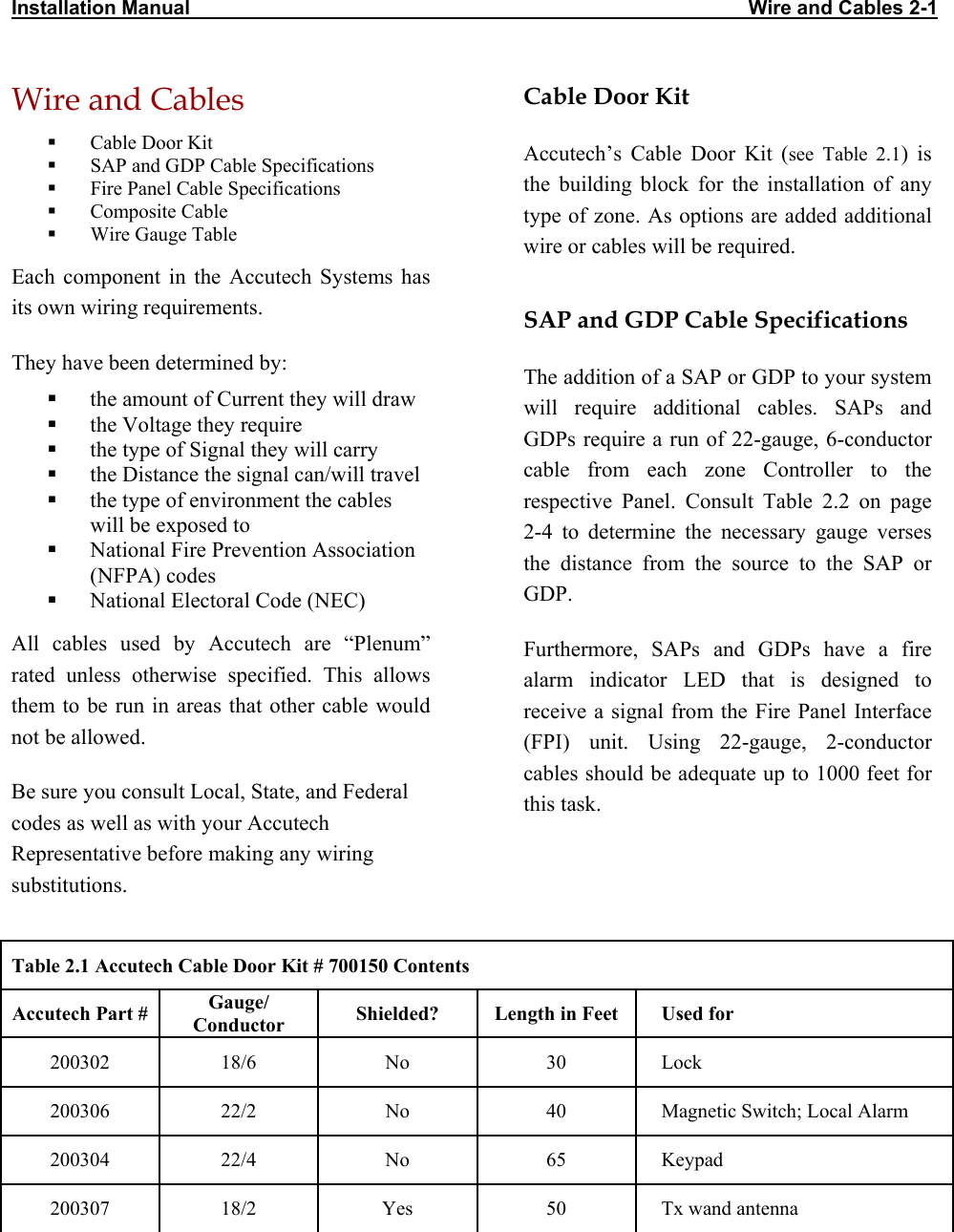 Installation Manual                                                                                                     Wire and Cables 2-1                     Wire and Cables   Cable Door Kit   SAP and GDP Cable Specifications   Fire Panel Cable Specifications   Composite Cable   Wire Gauge Table Each component in the Accutech Systems has its own wiring requirements.  They have been determined by:   the amount of Current they will draw   the Voltage they require   the type of Signal they will carry   the Distance the signal can/will travel   the type of environment the cables will be exposed to   National Fire Prevention Association (NFPA) codes   National Electoral Code (NEC) All cables used by Accutech are “Plenum” rated unless otherwise specified. This allows them to be run in areas that other cable would not be allowed.  Be sure you consult Local, State, and Federal codes as well as with your Accutech Representative before making any wiring substitutions.    Cable Door Kit Accutech’s Cable Door Kit (see Table 2.1) is the building block for the installation of any type of zone. As options are added additional wire or cables will be required.  SAP and GDP Cable Specifications The addition of a SAP or GDP to your system will require additional cables. SAPs and GDPs require a run of 22-gauge, 6-conductor cable from each zone Controller to the respective Panel. Consult Table 2.2 on page 2-4 to determine the necessary gauge verses the distance from the source to the SAP or GDP.  Furthermore, SAPs and GDPs have a fire alarm indicator LED that is designed to receive a signal from the Fire Panel Interface (FPI) unit. Using 22-gauge, 2-conductor cables should be adequate up to 1000 feet for this task. Table 2.1 Accutech Cable Door Kit # 700150 Contents Accutech Part #  Gauge/ Conductor  Shielded?  Length in Feet     Used for 200302  18/6  No  30     Lock 200306  22/2  No   40     Magnetic Switch; Local Alarm 200304  22/4  No  65     Keypad 200307  18/2  Yes  50     Tx wand antenna 