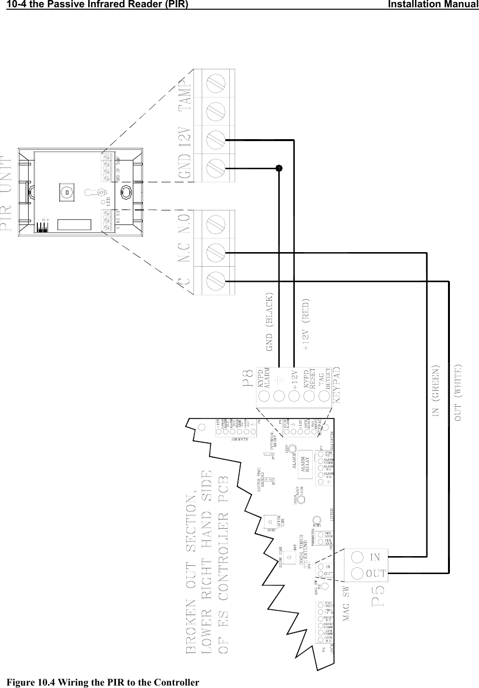 10-4 the Passive Infrared Reader (PIR)                                                                       Installation Manual                                                                         Figure 10.4 Wiring the PIR to the Controller