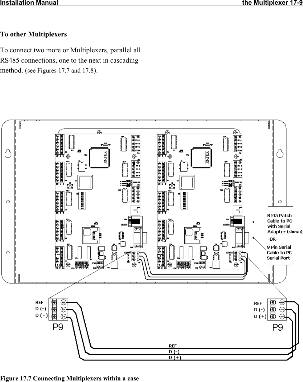 Installation Manual                                                                                                      the Multiplexer 17-9                           To other Multiplexers To connect two more or Multiplexers, parallel all RS485 connections, one to the next in cascading method. (see Figures 17.7 and 17.8).      Figure 17.7 Connecting Multiplexers within a case 