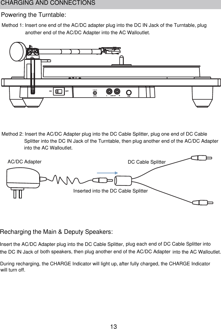 13CHARGING AND CONNECTIONSDC IN LIN E OUTLRPAIRON O FFMethod 2: Insert the AC/DC Adapter plug into the DC Cable Splitter, plug one end of DC Cable Splitter into the DC IN Jack of the Turntable, then plug another end of the AC/DC Adapterinto the AC Walloutlet.Recharging the Main &amp; Deputy Speakers:into the AC Walloutlet.Insert the AC/DC Adapter plug into the DC Cable Splitter, plug each end of DC Cable Splitter into the DC IN Jack of both speakers, then plug another end of the AC/DC AdapterDuring recharging, the CHARGE Indicator will light up, Powering the Turntable:Method 1: Insert one end of the AC/DC adapter plug into the DC IN Jack of the Turntable, plug  another end of the AC/DC Adapter into the AC Walloutlet.after fully charged, the CHARGE Indicator will turn off.AC/DC Adapter DC Cable SplitterInserted into the DC Cable Splitter