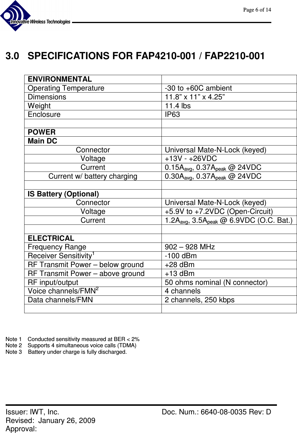      Page 6 of 14      Issuer: IWT, Inc.    Doc. Num.: 6640-08-0035 Rev: D Revised:  January 26, 2009  Approval:    3.0  SPECIFICATIONS FOR FAP4210-001 / FAP2210-001  ENVIRONMENTAL   Operating Temperature  -30 to +60C ambient Dimensions   11.8” x 11” x 4.25” Weight  11.4 lbs Enclosure  IP63    POWER   Main DC   Connector  Universal Mate-N-Lock (keyed) Voltage  +13V - +26VDC Current  0.15Aavg, 0.37Apeak @ 24VDC Current w/ battery charging  0.30Aavg, 0.37Apeak @ 24VDC    IS Battery (Optional)   Connector  Universal Mate-N-Lock (keyed) Voltage  +5.9V to +7.2VDC (Open-Circuit) Current  1.2Aavg, 3.5Apeak @ 6.9VDC (O.C. Bat.)    ELECTRICAL   Frequency Range  902 – 928 MHz Receiver Sensitivity1  -100 dBm RF Transmit Power – below ground  +28 dBm  RF Transmit Power – above ground  +13 dBm RF input/output  50 ohms nominal (N connector) Voice channels/FMN2  4 channels Data channels/FMN  2 channels, 250 kbps      Note 1  Conducted sensitivity measured at BER &lt; 2% Note 2   Supports 4 simultaneous voice calls (TDMA) Note 3    Battery under charge is fully discharged.    