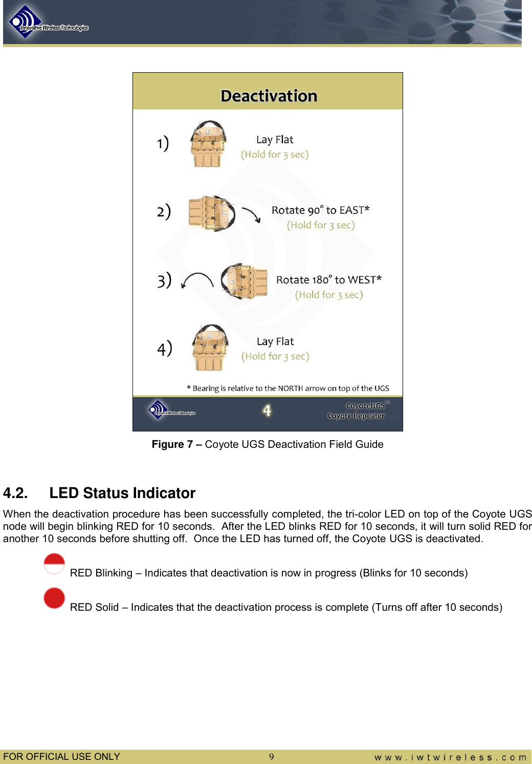  FOR OFFICIAL USE ONLY  9   Figure 7 – Coyote UGS Deactivation Field Guide  4.2.  LED Status Indicator When the deactivation procedure has been successfully completed, the tri-color LED on top of the Coyote UGS node will begin blinking RED for 10 seconds.  After the LED blinks RED for 10 seconds, it will turn solid RED for another 10 seconds before shutting off.  Once the LED has turned off, the Coyote UGS is deactivated.  RED Blinking – Indicates that deactivation is now in progress (Blinks for 10 seconds)  RED Solid – Indicates that the deactivation process is complete (Turns off after 10 seconds)       