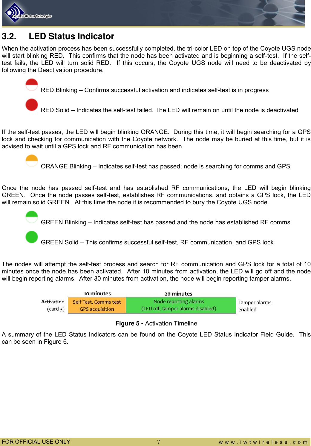  FOR OFFICIAL USE ONLY  7 3.2.  LED Status Indicator When the activation process has been successfully completed, the tri-color LED on top of the Coyote UGS node will start blinking RED.  This confirms that the node has been activated and is beginning a self-test.  If the self-test  fails,  the  LED  will  turn  solid  RED.    If  this  occurs,  the  Coyote  UGS  node  will  need  to  be  deactivated  by following the Deactivation procedure.  RED Blinking – Confirms successful activation and indicates self-test is in progress  RED Solid – Indicates the self-test failed. The LED will remain on until the node is deactivated  If the self-test passes, the LED will begin blinking ORANGE.  During this time, it will begin searching for a GPS lock and checking for communication with the Coyote network.  The node may be buried at this time, but it is advised to wait until a GPS lock and RF communication has been.  ORANGE Blinking – Indicates self-test has passed; node is searching for comms and GPS  Once  the  node  has  passed  self-test  and  has  established  RF  communications,  the  LED  will  begin  blinking GREEN.   Once the node passes  self-test,  establishes RF  communications, and obtains a  GPS lock, the LED will remain solid GREEN.  At this time the node it is recommended to bury the Coyote UGS node.  GREEN Blinking – Indicates self-test has passed and the node has established RF comms  GREEN Solid – This confirms successful self-test, RF communication, and GPS lock  The nodes will attempt the self-test process and search for RF communication and GPS lock for a total of 10 minutes once the node has been activated.  After 10 minutes from activation, the LED will go off and the node will begin reporting alarms.  After 30 minutes from activation, the node will begin reporting tamper alarms.  Figure 5 - Activation Timeline A summary of the LED Status Indicators can be  found on the Coyote LED Status Indicator  Field Guide.  This can be seen in Figure 6. 