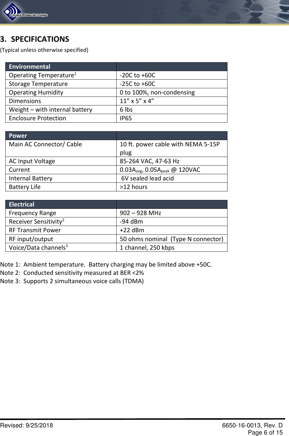       Revised: 9/25/2018    6650-16-0013, Rev. D     Page 6 of 15 3. SPECIFICATIONS (Typical unless otherwise specified)     Environmental  Operating Temperature1 -20C to +60C Storage Temperature -25C to +60C Operating Humidity 0 to 100%, non-condensing Dimensions  11” x 5” x 4” Weight – with internal battery 6 lbs Enclosure Protection IP65  Power  Main AC Connector/ Cable 10 ft. power cable with NEMA 5-15P plug AC Input Voltage 85-264 VAC, 47-63 Hz Current 0.03Aavg, 0.05Apeak @ 120VAC Internal Battery   6V sealed lead acid Battery Life &gt;12 hours  Electrical  Frequency Range 902 – 928 MHz Receiver Sensitivity2 -94 dBm RF Transmit Power +22 dBm RF input/output 50 ohms nominal  (Type N connector) Voice/Data channels3 1 channel, 250 kbps  Note 1:  Ambient temperature.  Battery charging may be limited above +50C. Note 2:  Conducted sensitivity measured at BER &lt;2% Note 3:  Supports 2 simultaneous voice calls (TDMA)  