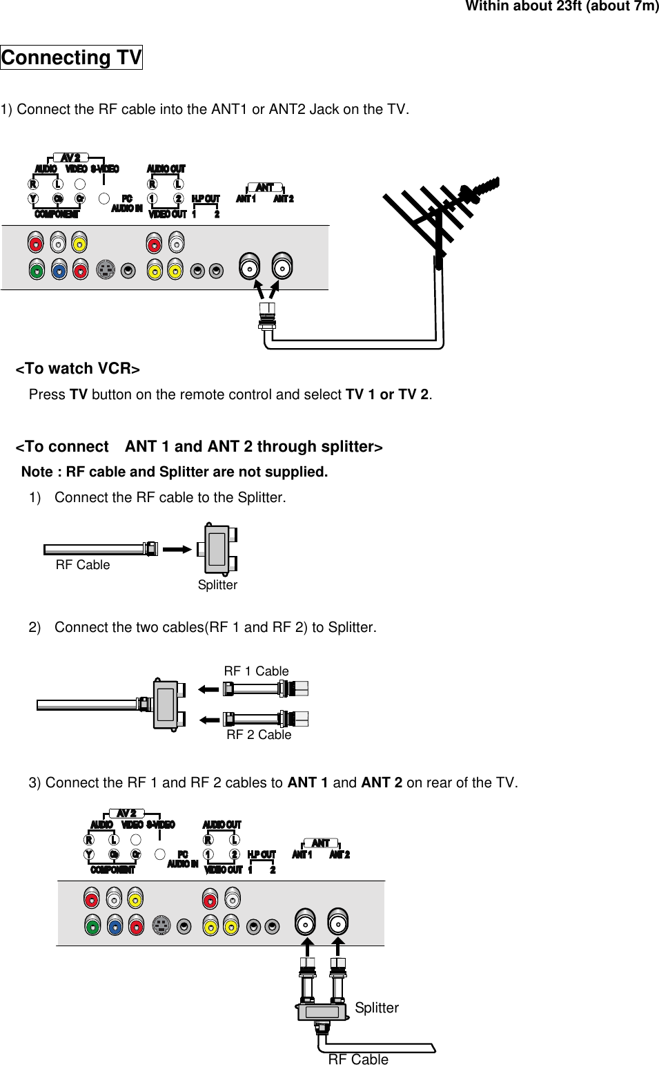                                                                  Within about 23ft (about 7m)                                                                          Connecting TV  1) Connect the RF cable into the ANT1 or ANT2 Jack on the TV.   &lt;To watch VCR&gt; Press TV button on the remote control and select TV 1 or TV 2.  &lt;To connect    ANT 1 and ANT 2 through splitter&gt; Note : RF cable and Splitter are not supplied. 1)  Connect the RF cable to the Splitter.   2)  Connect the two cables(RF 1 and RF 2) to Splitter.     3) Connect the RF 1 and RF 2 cables to ANT 1 and ANT 2 on rear of the TV.            Splitter  RF Cable  RF Cable  Splitter   RF 2 Cable   RF 1 Cable 