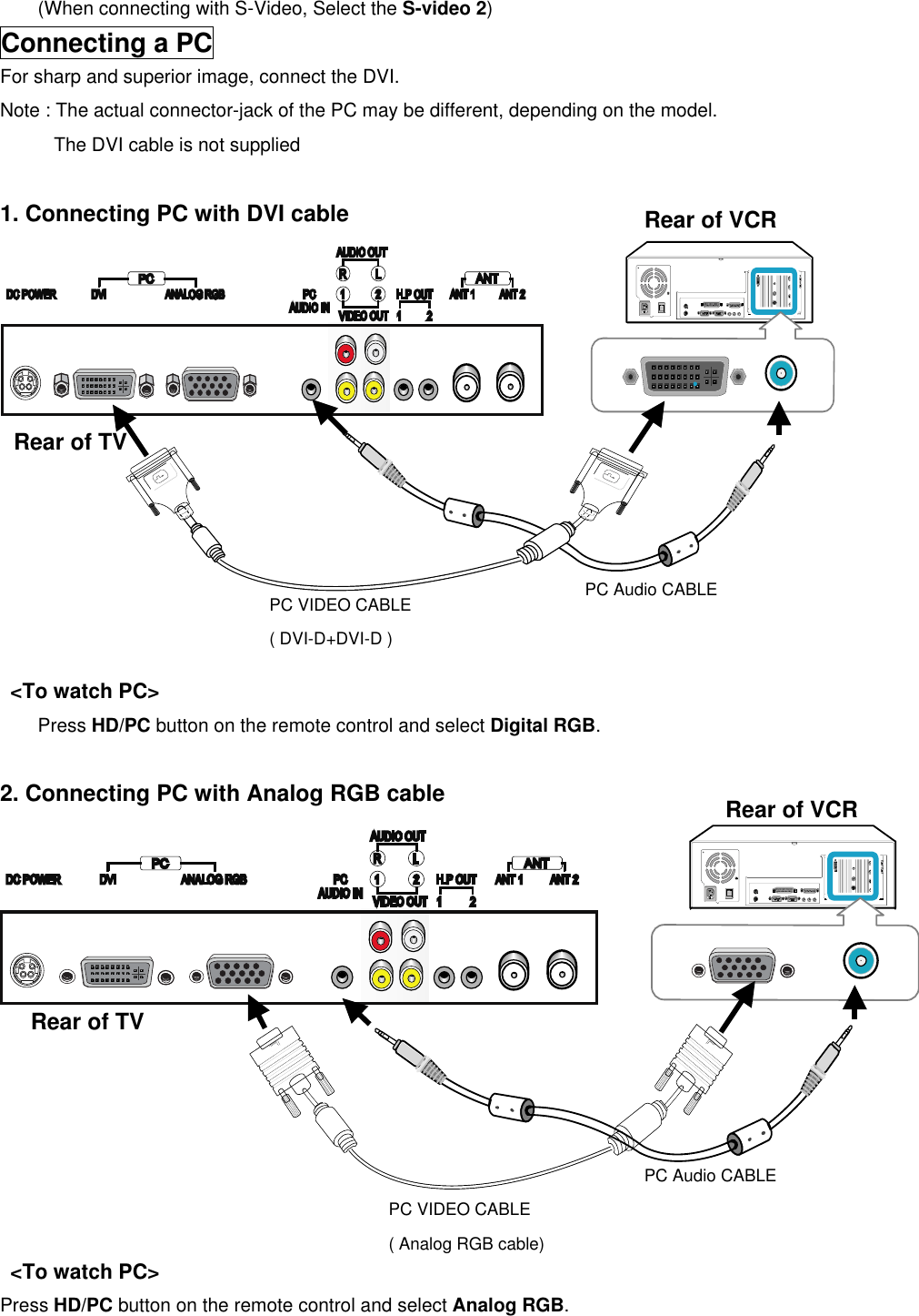 (When connecting with S-Video, Select the S-video 2) Connecting a PC For sharp and superior image, connect the DVI. Note : The actual connector-jack of the PC may be different, depending on the model.       The DVI cable is not supplied  1. Connecting PC with DVI cable   &lt;To watch PC&gt; Press HD/PC button on the remote control and select Digital RGB.  2. Connecting PC with Analog RGB cable  &lt;To watch PC&gt; Press HD/PC button on the remote control and select Analog RGB.   PC VIDEO CABLE ( DVI-D+DVI-D ) PC Audio CABLE PC VIDEO CABLE ( Analog RGB cable)PC Audio CABLE Rear of TV Rear of VCR Rear of TV Rear of VCR 