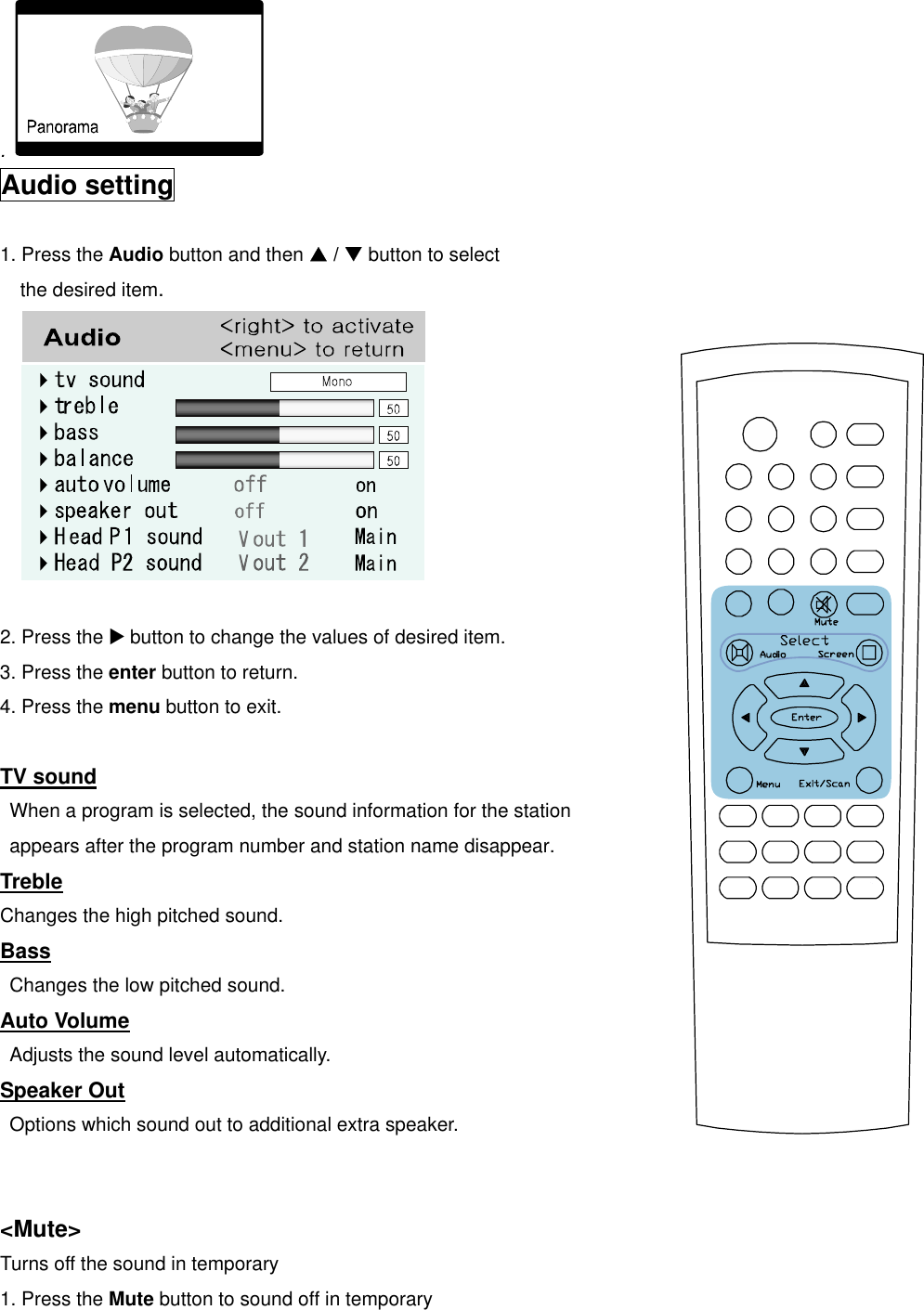 .   Audio setting  1. Press the Audio button and then S / T button to select the desired item.   2. Press the X button to change the values of desired item. 3. Press the enter button to return. 4. Press the menu button to exit.  TV sound   When a program is selected, the sound information for the station appears after the program number and station name disappear.         Treble Changes the high pitched sound.   Bass   Changes the low pitched sound.   Auto Volume Adjusts the sound level automatically.   Speaker Out   Options which sound out to additional extra speaker.   &lt;Mute&gt; Turns off the sound in temporary 1. Press the Mute button to sound off in temporary 