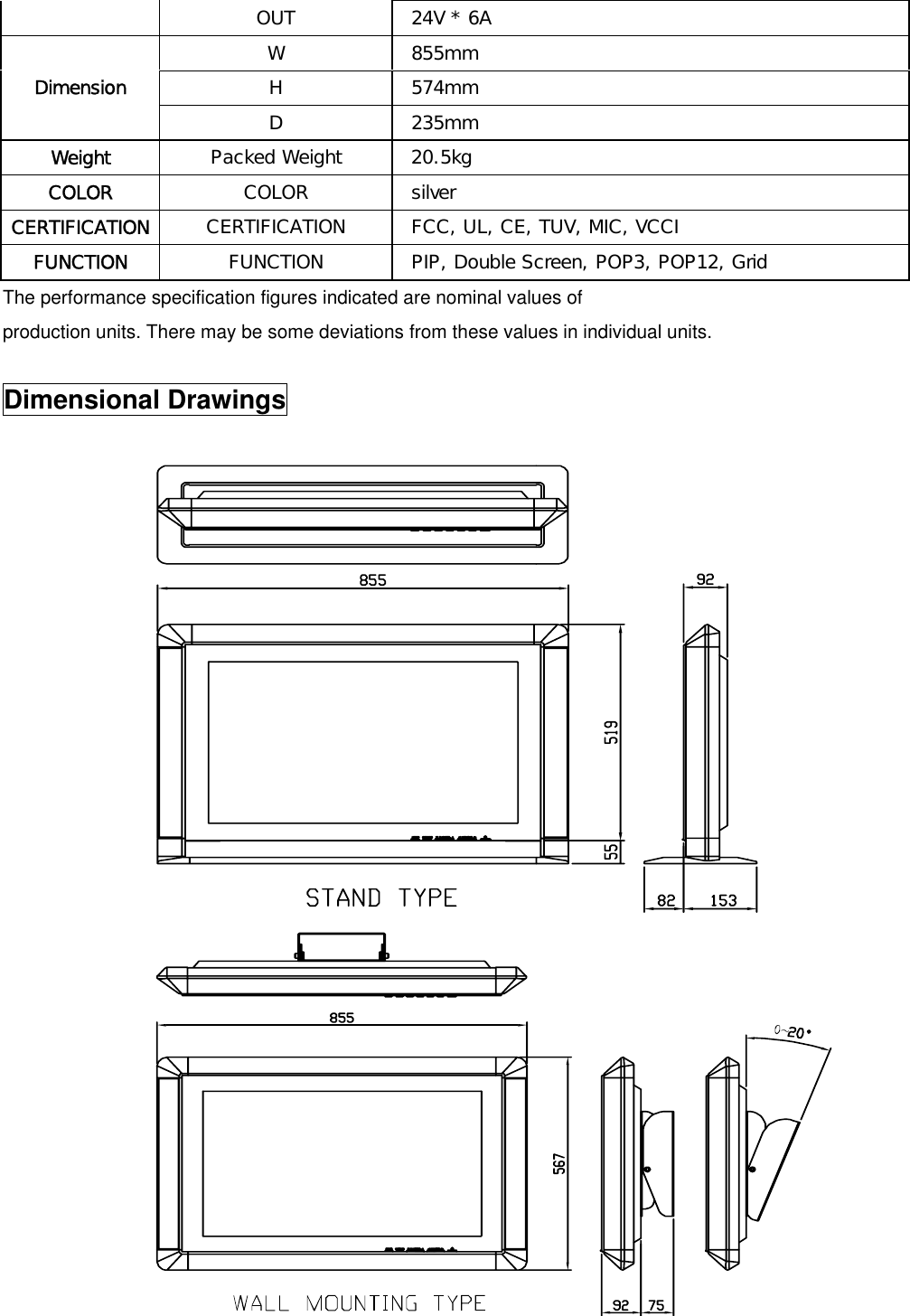  OUT   24V * 6A W  855mm H  574mm Dimension D  235mm Weight  Packed Weight   20.5kg COLOR  COLOR  silver CERTIFICATION  CERTIFICATION   FCC, UL, CE, TUV, MIC, VCCI FUNCTION  FUNCTION   PIP, Double Screen, POP3, POP12, Grid The performance specification figures indicated are nominal values of production units. There may be some deviations from these values in individual units.  Dimensional Drawings     