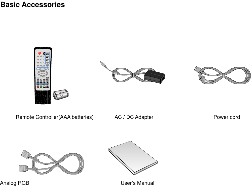  Basic Accessories                  Remote Controller(AAA batteries)        AC / DC Adapter                       Power cord       Analog RGB                                   User’s Manual                      