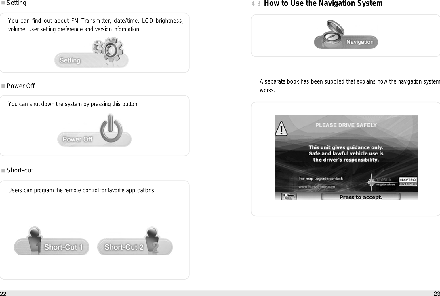 23How to use the Auto PC224.3How to Use the Navigation SystemA separate book has been supplied that explains how the navigation systemworks.SettingYou can find out about FM Transmitter, date/time. LCD brightness,volume, user setting preference and version information.Power OffYou can shut down the system by pressing this button.Short-cutUsers can program the remote control for favorite applications