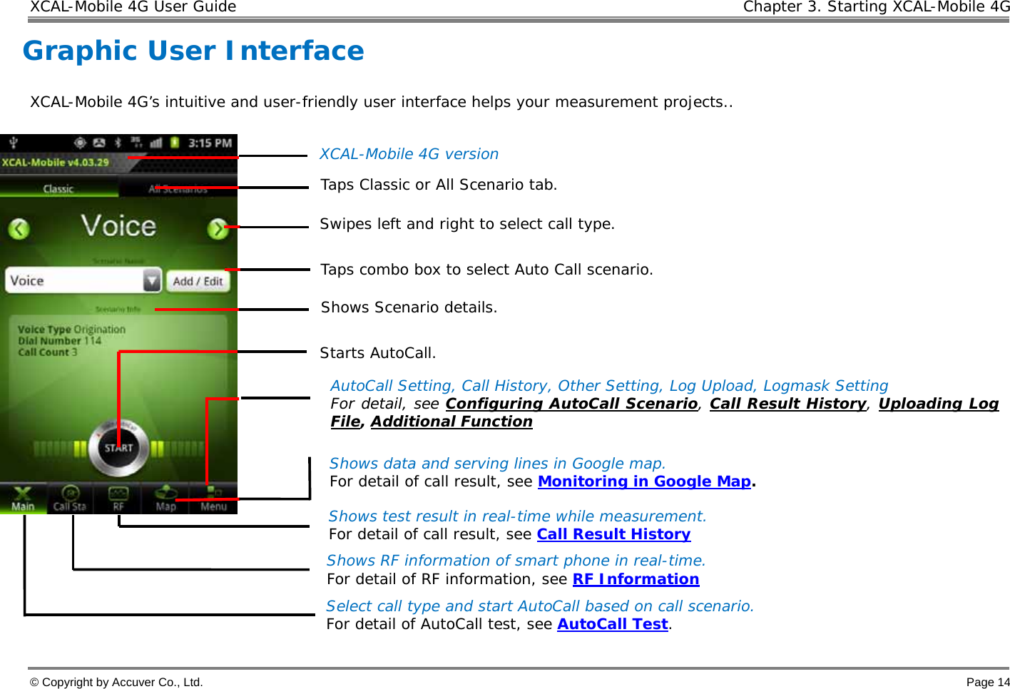 XCAL-Mobile 4G User Guide      Chapter 3. Starting XCAL-Mobile 4G  © Copyright by Accuver Co., Ltd.    Page 14 Shows test result in real-time while measurement.  For detail of call result, see Call Result History Shows data and serving lines in Google map.  For detail of call result, see Monitoring in Google Map.  Shows RF information of smart phone in real-time.  For detail of RF information, see RF Information Select call type and start AutoCall based on call scenario.  For detail of AutoCall test, see AutoCall Test.  Graphic User Interface  XCAL-Mobile 4G’s intuitive and user-friendly user interface helps your measurement projects..   Starts AutoCall.  AutoCall Setting, Call History, Other Setting, Log Upload, Logmask Setting  For detail, see Configuring AutoCall Scenario, Call Result History, Uploading Log File, Additional Function XCAL-Mobile 4G version Swipes left and right to select call type.  Taps combo box to select Auto Call scenario.  Shows Scenario details.  Taps Classic or All Scenario tab.  