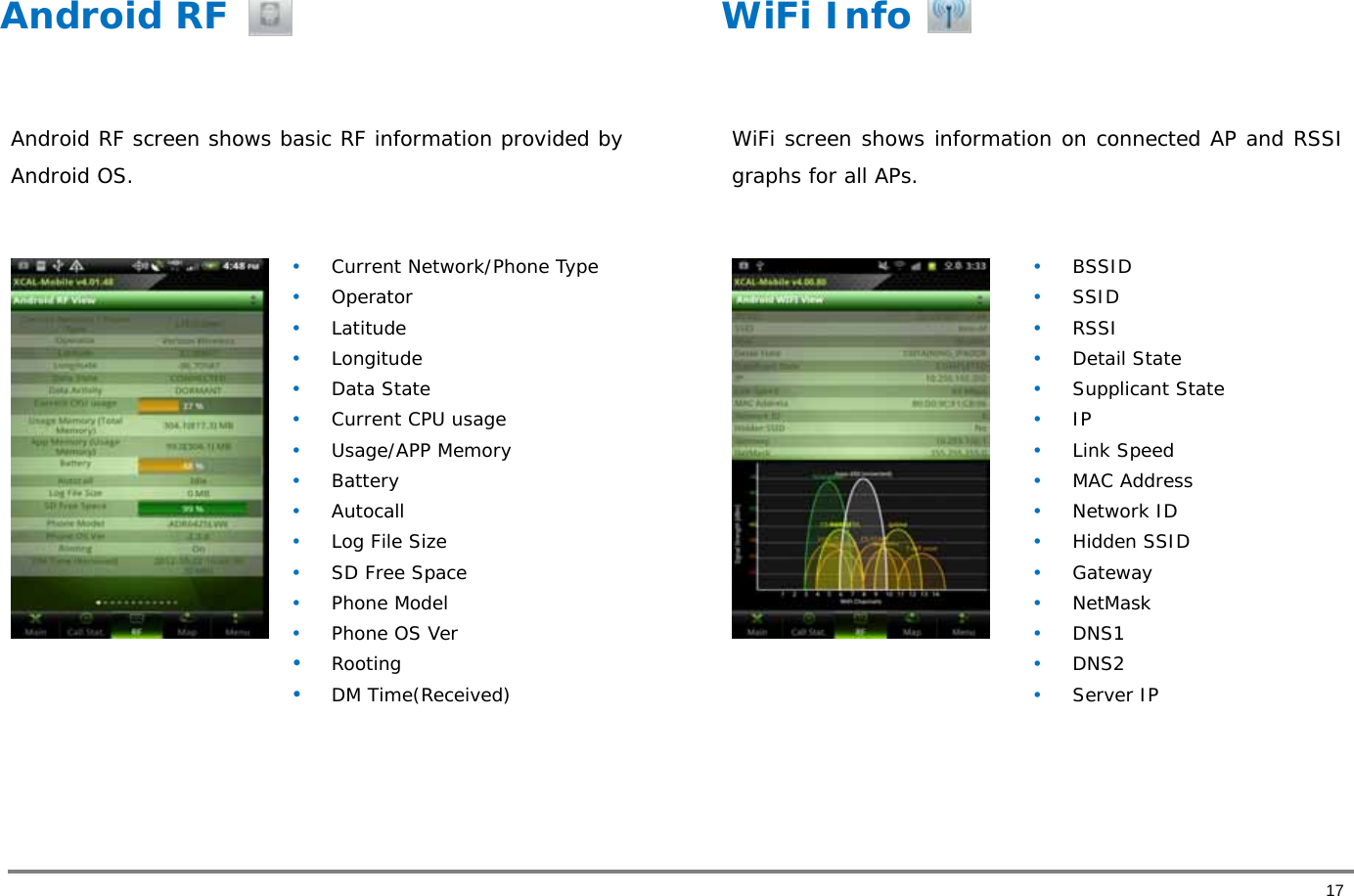       17 Android RF  Android RF screen shows basic RF information provided by Android OS.    • Current Network/Phone Type • Operator • Latitude • Longitude • Data State • Current CPU usage • Usage/APP Memory • Battery • Autocall • Log File Size • SD Free Space • Phone Model • Phone OS Ver • Rooting • DM Time(Received)    WiFi Info  WiFi screen shows information on connected AP and RSSI graphs for all APs.    • BSSID • SSID • RSSI • Detail State • Supplicant State • IP • Link Speed • MAC Address • Network ID • Hidden SSID • Gateway • NetMask • DNS1 • DNS2 •Server IP    