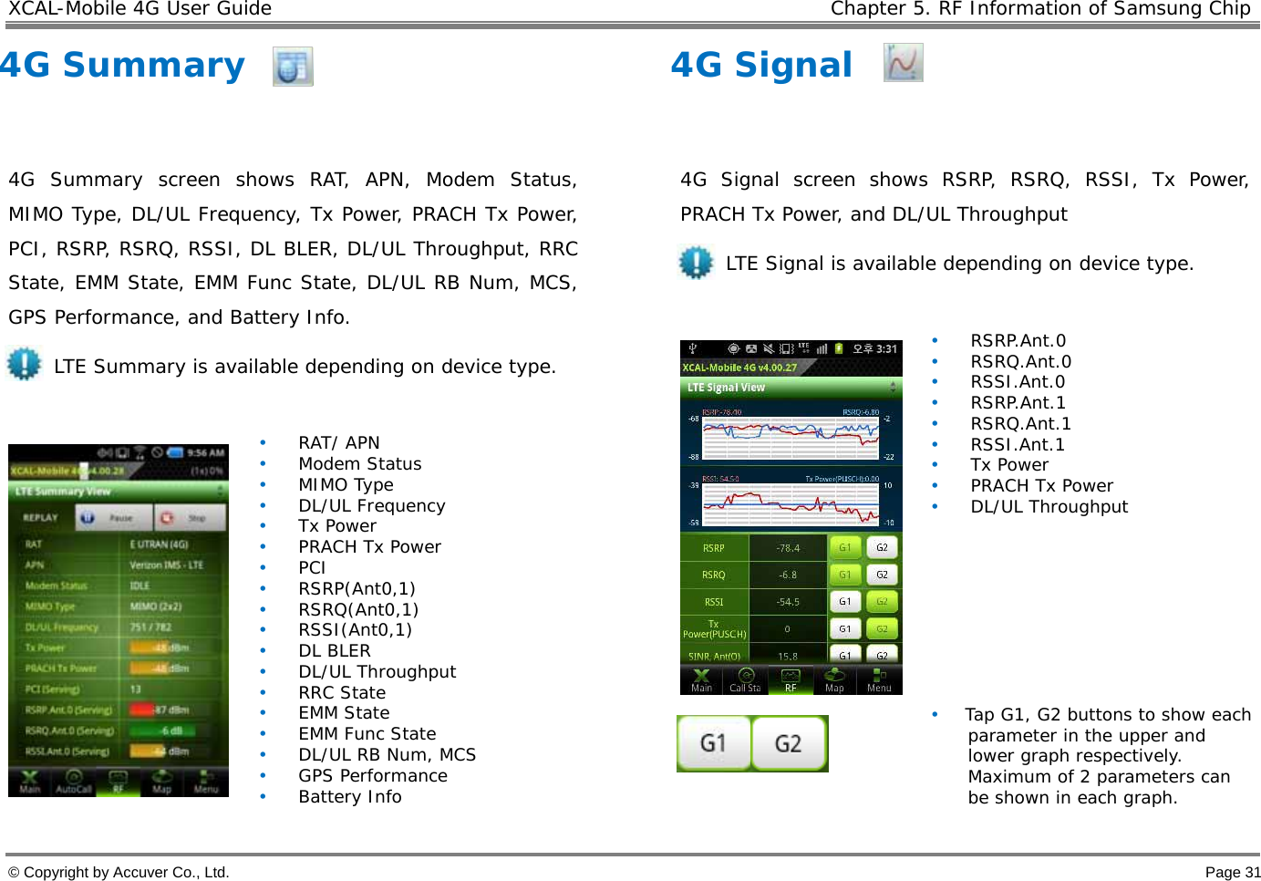 XCAL-Mobile 4G User Guide    Chapter 5. RF Information of Samsung Chip  © Copyright by Accuver Co., Ltd.    Page 31 4G Summary   4G Summary screen shows RAT, APN, Modem Status, MIMO Type, DL/UL Frequency, Tx Power, PRACH Tx Power, PCI, RSRP, RSRQ, RSSI, DL BLER, DL/UL Throughput, RRC State, EMM State, EMM Func State, DL/UL RB Num, MCS, GPS Performance, and Battery Info. LTE Summary is available depending on device type.    • RAT/ APN • Modem Status • MIMO Type • DL/UL Frequency • Tx Power • PRACH Tx Power • PCI • RSRP(Ant0,1) • RSRQ(Ant0,1) • RSSI(Ant0,1) • DL BLER • DL/UL Throughput • RRC State • EMM State • EMM Func State • DL/UL RB Num, MCS • GPS Performance • Battery Info 4G Signal   4G Signal screen shows RSRP, RSRQ, RSSI, Tx Power, PRACH Tx Power, and DL/UL Throughput LTE Signal is available depending on device type.    • RSRP.Ant.0 • RSRQ.Ant.0 • RSSI.Ant.0 • RSRP.Ant.1 • RSRQ.Ant.1 • RSSI.Ant.1 • Tx Power • PRACH Tx Power • DL/UL Throughput          • Tap G1, G2 buttons to show each parameter in the upper and lower graph respectively. Maximum of 2 parameters can be shown in each graph.  