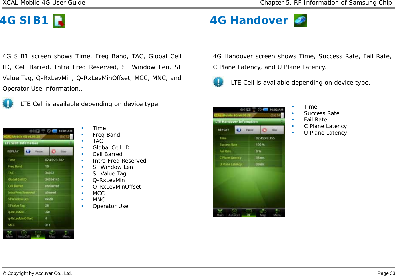 XCAL-Mobile 4G User Guide    Chapter 5. RF Information of Samsung Chip  © Copyright by Accuver Co., Ltd.    Page 33 4G SIB1  4G SIB1 screen shows Time, Freq Band, TAC, Global Cell ID, Cell Barred, Intra Freq Reserved, SI Window Len, SI Value Tag, Q-RxLevMin, Q-RxLevMinOffset, MCC, MNC, and Operator Use information.,  LTE Cell is available depending on device type.   • Time • Freq Band • TAC • Global Cell ID • Cell Barred • Intra Freq Reserved • SI Window Len • SI Value Tag • Q-RxLevMin • Q-RxLevMinOffset • MCC • MNC • Operator Use   4G Handover   4G Handover screen shows Time, Success Rate, Fail Rate, C Plane Latency, and U Plane Latency.  LTE Cell is available depending on device type.   • Time • Success Rate • Fail Rate • C Plane Latency • U Plane Latency        