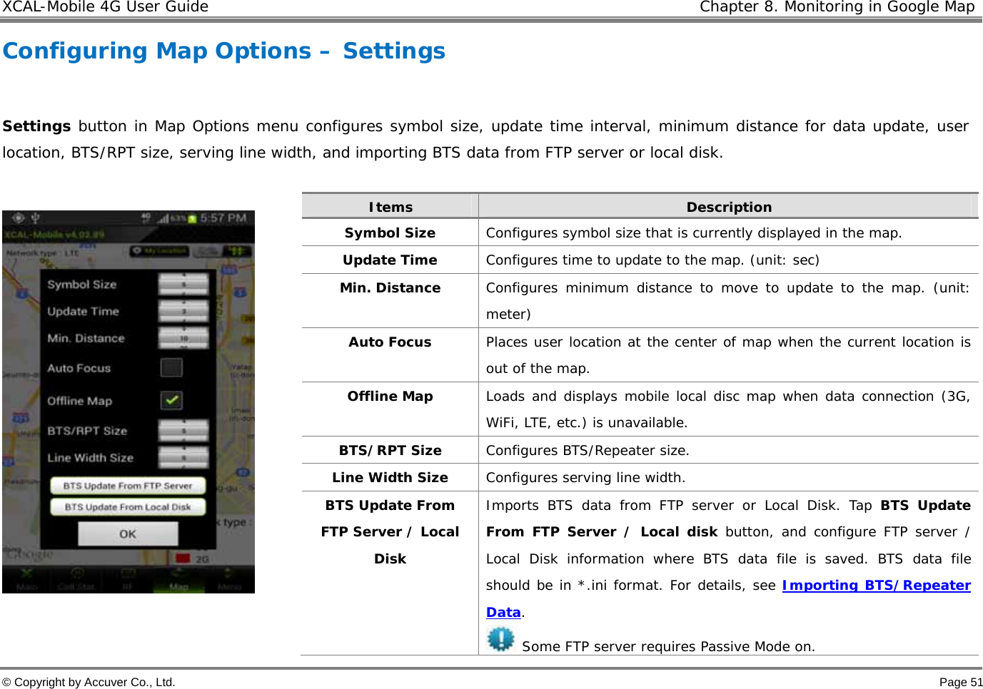 XCAL-Mobile 4G User Guide   Chapter 8. Monitoring in Google Map © Copyright by Accuver Co., Ltd.    Page 51 Configuring Map Options – Settings   Settings button in Map Options menu configures symbol size, update time interval, minimum distance for data update, user location, BTS/RPT size, serving line width, and importing BTS data from FTP server or local disk.     Items  Description Symbol Size  Configures symbol size that is currently displayed in the map.  Update Time  Configures time to update to the map. (unit: sec)  Min. Distance  Configures minimum distance to move to update to the map. (unit: meter)  Auto Focus  Places user location at the center of map when the current location is out of the map. Offline Map  Loads and displays mobile local disc map when data connection (3G, WiFi, LTE, etc.) is unavailable.  BTS/RPT Size  Configures BTS/Repeater size.  Line Width Size  Configures serving line width.  BTS Update From FTP Server / Local Disk Imports BTS data from FTP server or Local Disk. Tap BTS Update From FTP Server / Local disk button, and configure FTP server / Local Disk information where BTS data file is saved. BTS data file should be in *.ini format. For details, see Importing BTS/Repeater Data.   Some FTP server requires Passive Mode on. 