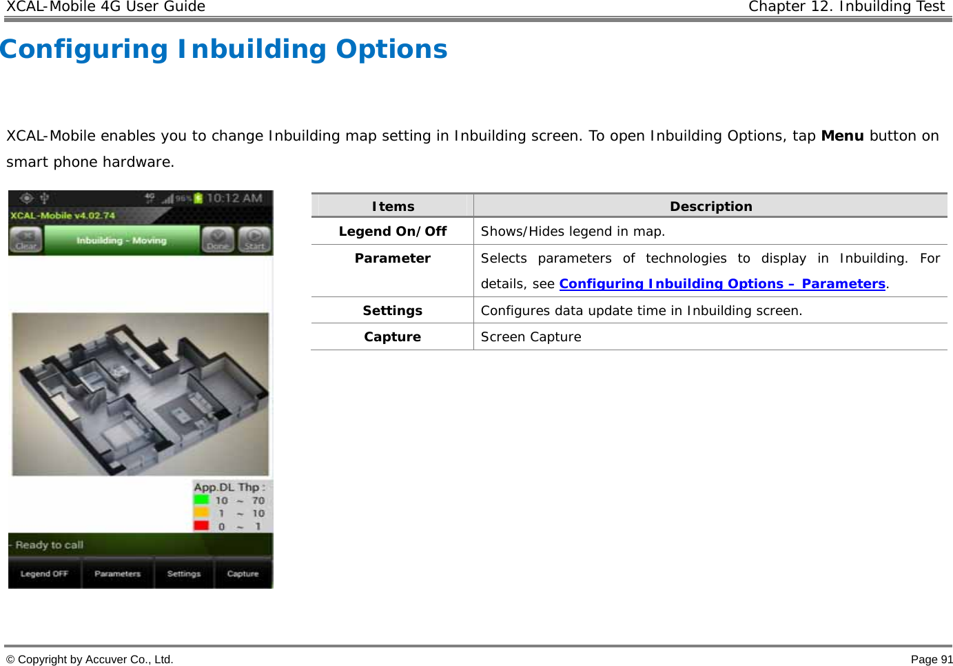 XCAL-Mobile 4G User Guide   Chapter 12. Inbuilding Test  © Copyright by Accuver Co., Ltd.    Page 91 Configuring Inbuilding Options   XCAL-Mobile enables you to change Inbuilding map setting in Inbuilding screen. To open Inbuilding Options, tap Menu button on smart phone hardware.             Items  Description Legend On/Off  Shows/Hides legend in map.   Parameter  Selects parameters of technologies to display in Inbuilding. For details, see Configuring Inbuilding Options – Parameters.  Settings  Configures data update time in Inbuilding screen.  Capture  Screen Capture 