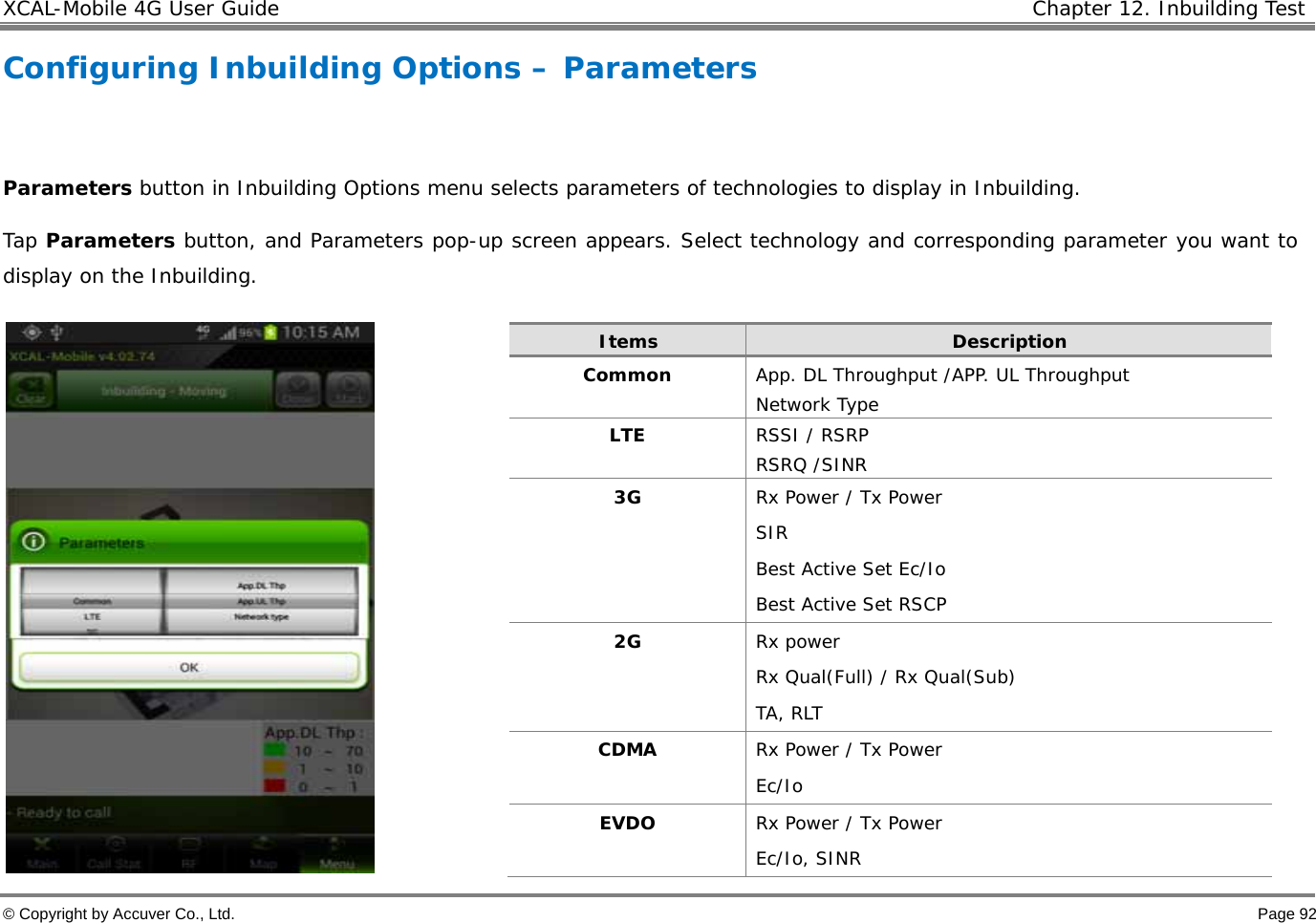 XCAL-Mobile 4G User Guide   Chapter 12. Inbuilding Test  © Copyright by Accuver Co., Ltd.    Page 92 Configuring Inbuilding Options – Parameters   Parameters button in Inbuilding Options menu selects parameters of technologies to display in Inbuilding.  Tap Parameters button, and Parameters pop-up screen appears. Select technology and corresponding parameter you want to display on the Inbuilding.         Items  Description Common  App. DL Throughput /APP. UL Throughput Network Type  LTE  RSSI / RSRP  RSRQ /SINR 3G  Rx Power / Tx Power SIR Best Active Set Ec/Io Best Active Set RSCP 2G  Rx power Rx Qual(Full) / Rx Qual(Sub) TA, RLT CDMA  Rx Power / Tx Power Ec/Io EVDO  Rx Power / Tx Power Ec/Io, SINR 