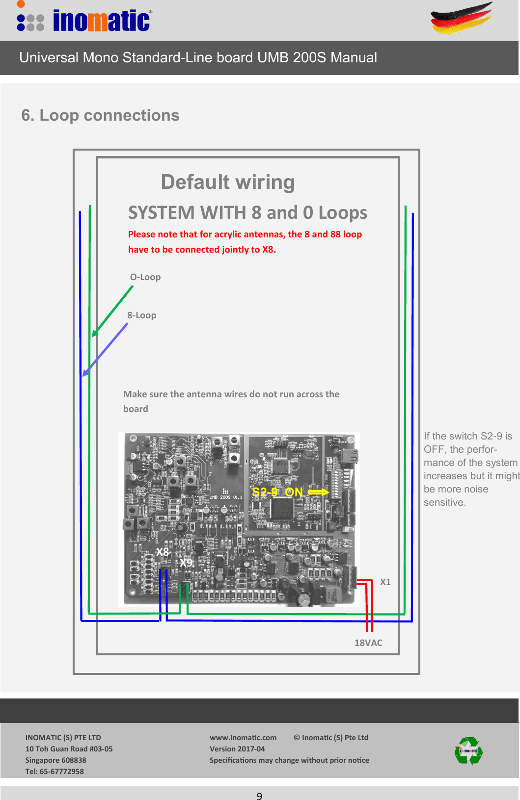                  INOMATIC (S) PTE LTD             10 Toh Guan Road #03-05             Singapore 608838             Tel: 65-67772958   www.inomac.com         &copy; Inomac (S) Pte Ltd Version 2017-04 Specicaons may change without prior noce     9    18VAC X1 X9 X8 O-Loop  8-Loop Make sure the antenna wires do not run across the board     Universal Mono Standard-Line board UMB 200S Manual 6. Loop connections SYSTEM WITH 8 and 0 Loops Please note that for acrylic antennas, the 8 and 88 loop have to be connected jointly to X8. S2-9  ON Default wiring If the switch S2-9 is OFF, the perfor-mance of the system increases but it might be more noise      sensitive. 