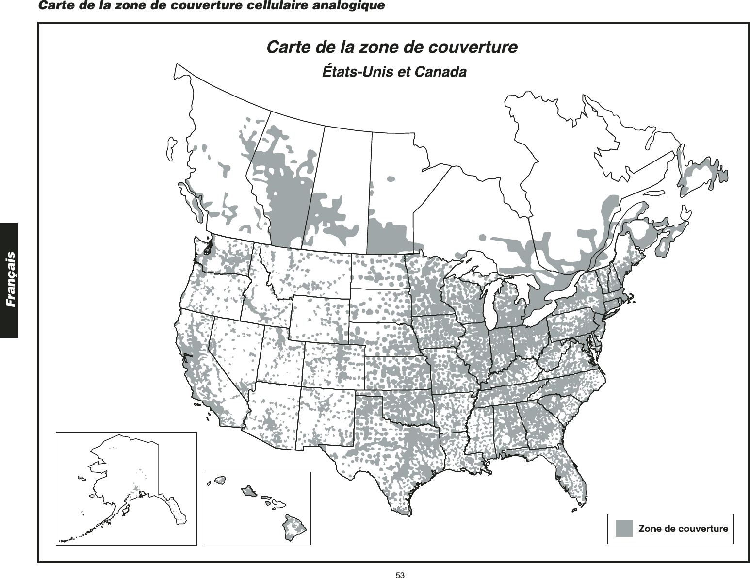 53FrançaisCarte de la zone de couverture cellulaire analogique