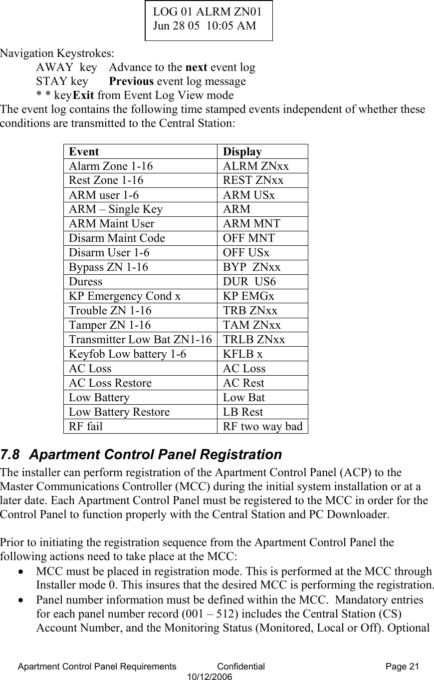 Apartment Control Panel Requirements                Confidential  Page 21 10/12/2006     Navigation Keystrokes:   AWAY  key  Advance to the next event log  STAY key Previous event log message  * * key Exit from Event Log View mode The event log contains the following time stamped events independent of whether these conditions are transmitted to the Central Station:  Event  Display    Alarm Zone 1-16  ALRM ZNxx Rest Zone 1-16  REST ZNxx ARM user 1-6  ARM USx ARM – Single Key  ARM ARM Maint User  ARM MNT Disarm Maint Code  OFF MNT Disarm User 1-6  OFF USx Bypass ZN 1-16  BYP  ZNxx Duress DUR  US6 KP Emergency Cond x  KP EMGx Trouble ZN 1-16  TRB ZNxx Tamper ZN 1-16  TAM ZNxx Transmitter Low Bat ZN1-16 TRLB ZNxx Keyfob Low battery 1-6  KFLB x AC Loss  AC Loss AC Loss Restore  AC Rest Low Battery  Low Bat Low Battery Restore  LB Rest RF fail  RF two way bad7.8  Apartment Control Panel Registration  The installer can perform registration of the Apartment Control Panel (ACP) to the Master Communications Controller (MCC) during the initial system installation or at a later date. Each Apartment Control Panel must be registered to the MCC in order for the Control Panel to function properly with the Central Station and PC Downloader.  Prior to initiating the registration sequence from the Apartment Control Panel the following actions need to take place at the MCC: • MCC must be placed in registration mode. This is performed at the MCC through Installer mode 0. This insures that the desired MCC is performing the registration. • Panel number information must be defined within the MCC.  Mandatory entries for each panel number record (001 – 512) includes the Central Station (CS) Account Number, and the Monitoring Status (Monitored, Local or Off). Optional LOG 01 ALRM ZN01 Jun 28 05  10:05 AM 
