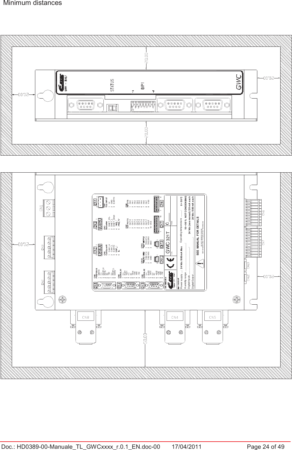 Doc.: HD0389-00-Manuale_TL_GWCxxxx_r.0.1_EN.doc-00  17/04/2011                  Page 24 of 49DO  NOT  REMOVE COVERSREFER SERVICING T O QUAL IFIED T ECHNICIANSEE MANUAL FOR DETAILSOpe rating tempe rature  .............:24 Vdc (see manual) / 20 mA  eachDigital Output .............................................................................:Powe r s upply  .....:Digital Inputs  .........................................................:Humidity range  ...........................................................:66996924 Vdc / 800m A MaxS.N.:T RS1-RXGNDT RS1-T XCN12+5D6n.c.321RxD1TxD1n.c.7PROFI_L8NRTS9CN4S ERIAL #1111 EARTHn.c.2PROFI_H34 PRTS0D5P ROFIBU SCN85n.c.1RxD223 TxD24 n.c.S ERIAL #2CN5+RX267 +TX2-RX289 -TX25 0C987 +TX1-RX1-TX16 +RX15 0C5231315n.c.41 CAN 1_-V54E ART H23CAN 1_L1CanOp en #1CN251CN1323T RS 2-R XGND1 T RS2-T X3 1124 Vdc / 500 mA e ach0 ÷ 50 °C10 ÷ 90 %  NOT CONDENSINGPASS+VGNDE ART HINPU T SIN-0IN-2IN-4VSSIN-1IN-3IN-5IN-7IN-6CN1Vdc INPUT1 DNET _PS - 1CN75423DNE T _LDNE T _SH LD2315CN3DeviceNet3VSS10398765421398765421 OUT -0OUT -2OUT -4VOUTOUT -1OUT -3OUT -5OUT -7OUT -6110OUT PU T S CN619 Minimum distances  