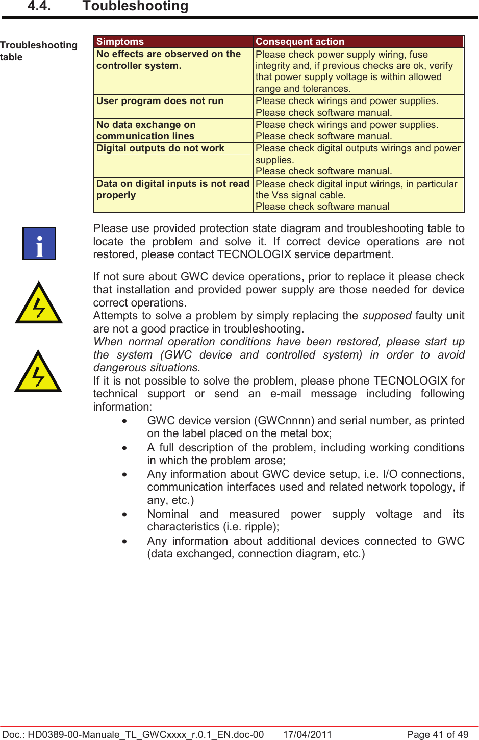 Doc.: HD0389-00-Manuale_TL_GWCxxxx_r.0.1_EN.doc-00  17/04/2011                  Page 41 of 494.4.   Toubleshooting Troubleshooting table Simptoms  Consequent action No effects are observed on the controller system. Please check power supply wiring, fuse integrity and, if previous checks are ok, verify that power supply voltage is within allowed range and tolerances. User program does not run  Please check wirings and power supplies. Please check software manual.No data exchange on communication lines  Please check wirings and power supplies. Please check software manual.Digital outputs do not work Please check digital outputs wirings and power supplies. Please check software manual. Data on digital inputs is not read properly Please check digital input wirings, in particular the Vss signal cable. Please check software manualPlease use provided protection state diagram and troubleshooting table to locate  the  problem  and  solve  it.  If  correct  device  operations  are  not restored, please contact TECNOLOGIX service department. If not sure about GWC device operations, prior to replace it please check that  installation and provided power  supply  are those  needed for  device correct operations. Attempts to solve a problem by simply replacing the supposed faulty unit are not a good practice in troubleshooting. When  normal  operation  conditions  have  been  restored,  please  start  up the  system  (GWC  device  and  controlled  system)  in  order  to  avoid dangerous situations. If it is not possible to solve the problem, please phone TECNOLOGIX for technical  support  or  send  an  e-mail  message  including  following information: •  GWC device version (GWCnnnn) and serial number, as printed on the label placed on the metal box; •  A  full  description of the  problem,  including  working  conditions in which the problem arose; •  Any information about GWC device setup, i.e. I/O connections, communication interfaces used and related network topology, if any, etc.) •  Nominal  and  measured  power  supply  voltage  and  its characteristics (i.e. ripple); •  Any  information  about  additional  devices  connected  to  GWC (data exchanged, connection diagram, etc.)     i