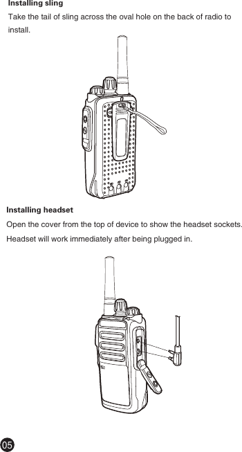 Installing headsetOpen the cover from the top of device to show the headset sockets. Headset will work immediately after being plugged in.Installing slingTake the tail of sling across the oval hole on the back of radio to install.05