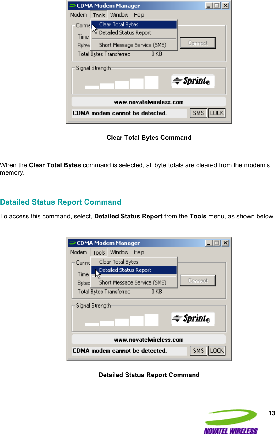  13   Clear Total Bytes Command  When the Clear Total Bytes command is selected, all byte totals are cleared from the modem&apos;s memory.  Detailed Status Report Command To access this command, select, Detailed Status Report from the Tools menu, as shown below.    Detailed Status Report Command  
