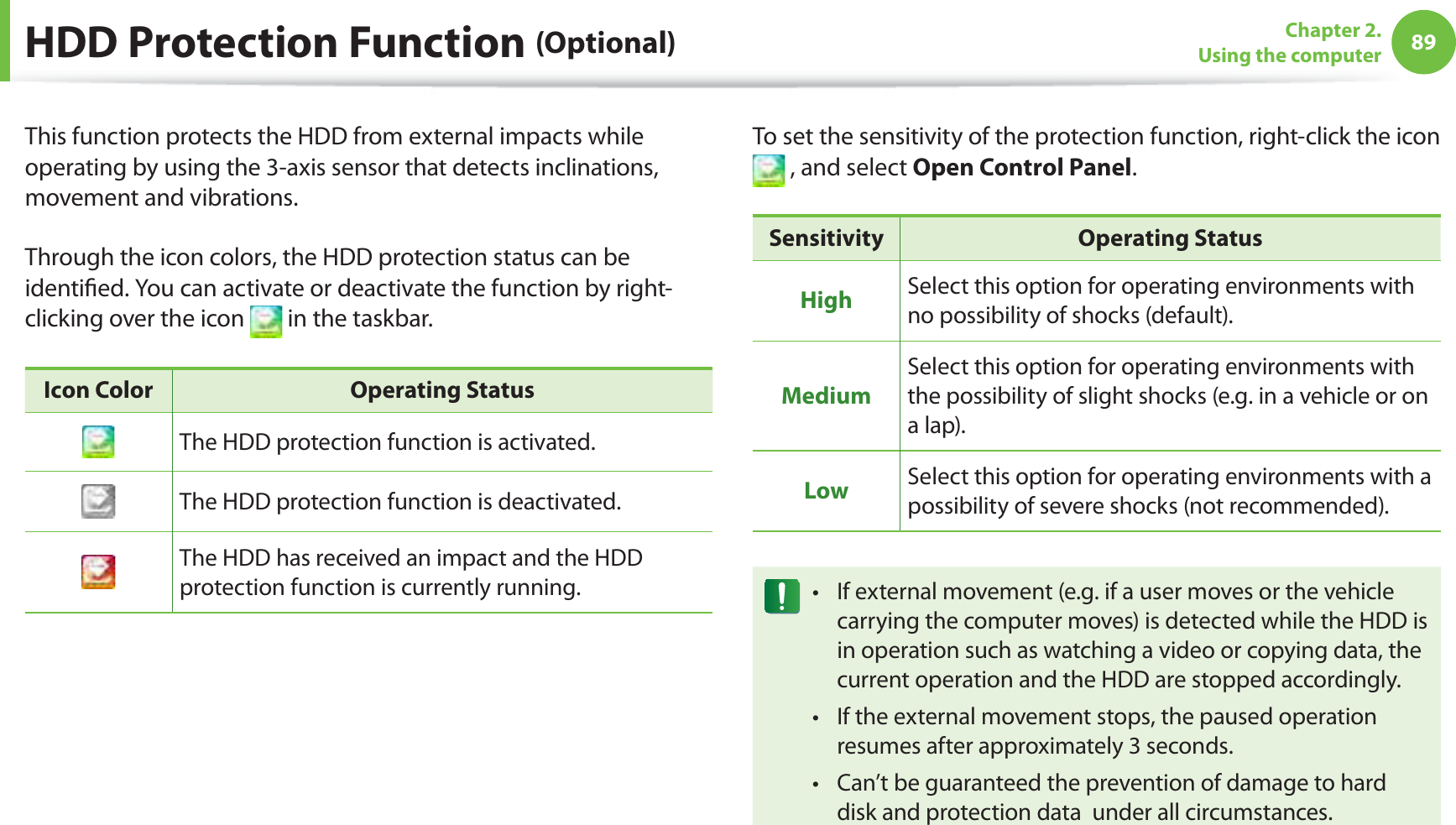89Chapter 2.  Using the computerHDD Protection Function (Optional)This function protects the HDD from external impacts while operating by using the 3-axis sensor that detects inclinations, movement and vibrations.Through the icon colors, the HDD protection status can be identiﬁed. You can activate or deactivate the function by right-clicking over the icon   in the taskbar.Icon Color Operating StatusThe HDD protection function is activated.The HDD protection function is deactivated.The HDD has received an impact and the HDD protection function is currently running.To set the sensitivity of the protection function, right-click the icon  , and select Open Control Panel.Sensitivity Operating StatusHigh Select this option for operating environments with no possibility of shocks (default).MediumSelect this option for operating environments with the possibility of slight shocks (e.g. in a vehicle or on a lap).Low Select this option for operating environments with a possibility of severe shocks (not recommended).If external movement (e.g. if a user moves or the vehicle t carrying the computer moves) is detected while the HDD is in operation such as watching a video or copying data, the current operation and the HDD are stopped accordingly.If the external movement stops, the paused operation t resumes after approximately 3 seconds.Can’t be guaranteed the prevention of damage to hard t disk and protection data  under all circumstances.