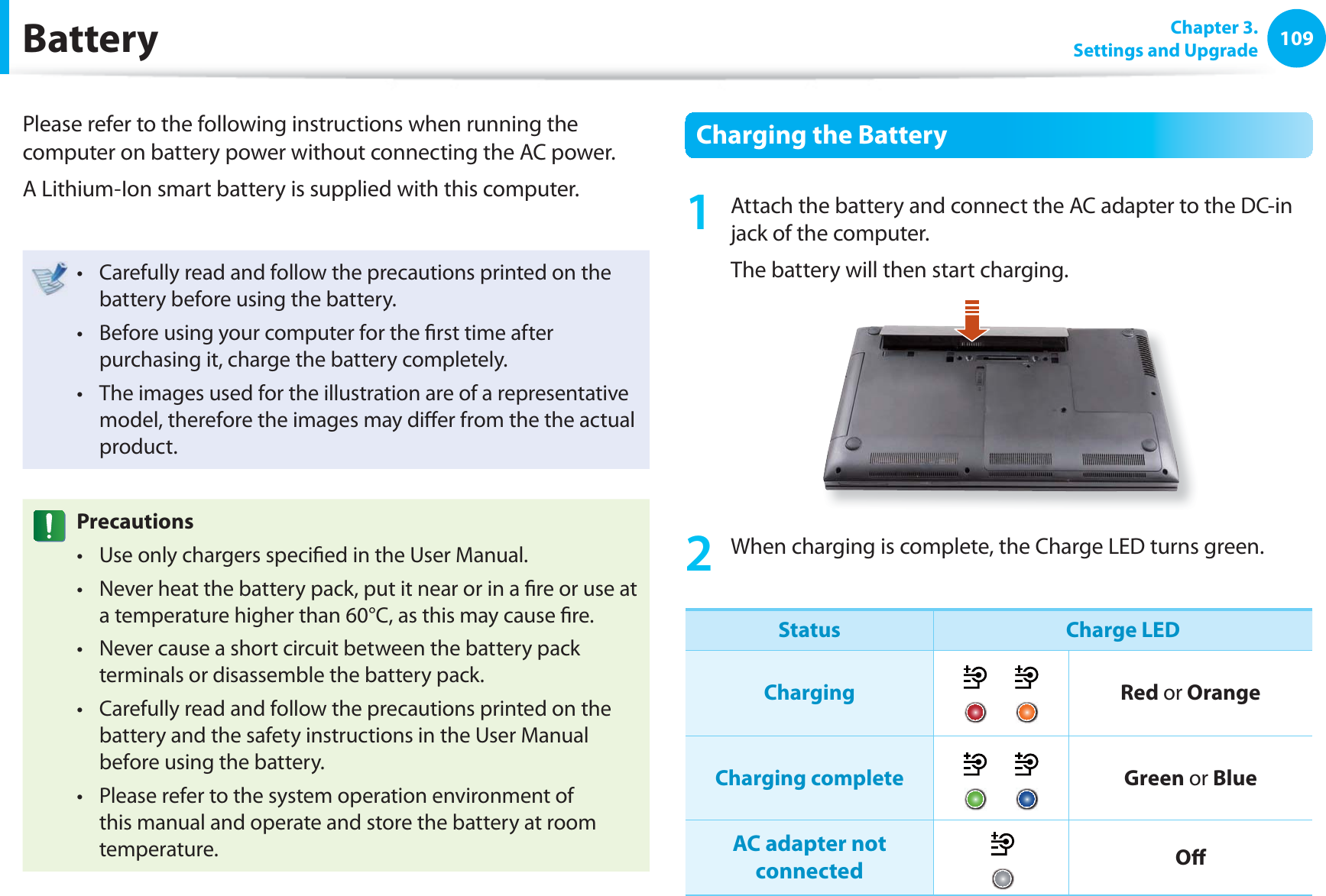 109 Chapter  3.Settings and Upgrade BatteryPlease refer to the following instructions when running the computer on battery power without connecting the AC power. A Lithium-Ion smart battery is supplied with this computer.Carefully read and follow the precautions printed on the t battery before using the battery.Before using your computer for the ﬁ rst time after t purchasing it, charge the battery completely.The images used for the illustration are of a representative t model, therefore the images may diﬀ er from the the actual product.  PrecautionsUse only chargers speciﬁ ed in the User Manual.t Never heat the battery pack, put it near or in a ﬁ re or use at t a temperature higher than 60°C, as this may cause ﬁ re.Never cause a short circuit between the battery pack t terminals or disassemble the battery pack. Carefully read and follow the precautions printed on the t battery and the safety instructions in the User Manual before using the battery.Please refer to the system operation environment of t this manual and operate and store the battery at room temperature. Charging the Battery1  Attach the battery and connect the AC adapter to the DC-in jack of the computer.The battery will then start charging.2  When charging is complete, the Charge LED turns green.Status Charge LEDCharging Red or OrangeCharging complete Green or BlueAC adapter not connected Oﬀ 