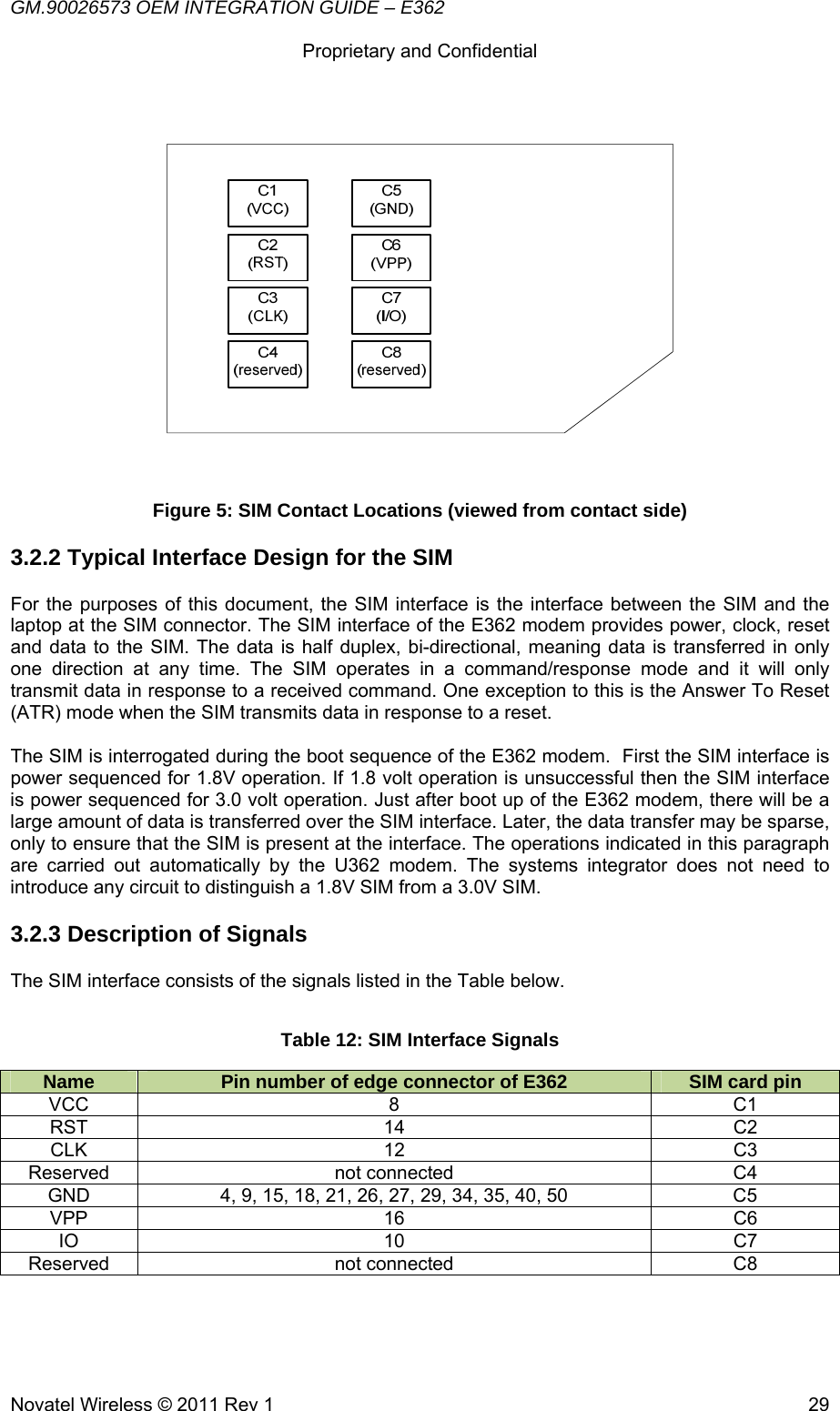 GM.90026573 OEM INTEGRATION GUIDE – E362      Proprietary and Confidential   Novatel Wireless © 2011 Rev 1  29 Figure 5: SIM Contact Locations (viewed from contact side) 3.2.2 Typical Interface Design for the SIM For the purposes of this document, the SIM interface is the interface between the SIM and the laptop at the SIM connector. The SIM interface of the E362 modem provides power, clock, reset and data to the SIM. The data is half duplex, bi-directional, meaning data is transferred in only one direction at any time. The SIM operates in a command/response mode and it will only transmit data in response to a received command. One exception to this is the Answer To Reset (ATR) mode when the SIM transmits data in response to a reset.  The SIM is interrogated during the boot sequence of the E362 modem.  First the SIM interface is power sequenced for 1.8V operation. If 1.8 volt operation is unsuccessful then the SIM interface is power sequenced for 3.0 volt operation. Just after boot up of the E362 modem, there will be a large amount of data is transferred over the SIM interface. Later, the data transfer may be sparse, only to ensure that the SIM is present at the interface. The operations indicated in this paragraph are carried out automatically by the U362 modem. The systems integrator does not need to introduce any circuit to distinguish a 1.8V SIM from a 3.0V SIM. 3.2.3 Description of Signals The SIM interface consists of the signals listed in the Table below. Table 12: SIM Interface Signals Name  Pin number of edge connector of E362  SIM card pin VCC 8  C1 RST 14  C2 CLK 12  C3 Reserved not connected  C4 GND  4, 9, 15, 18, 21, 26, 27, 29, 34, 35, 40, 50  C5 VPP 16  C6 IO 10  C7 Reserved not connected  C8   