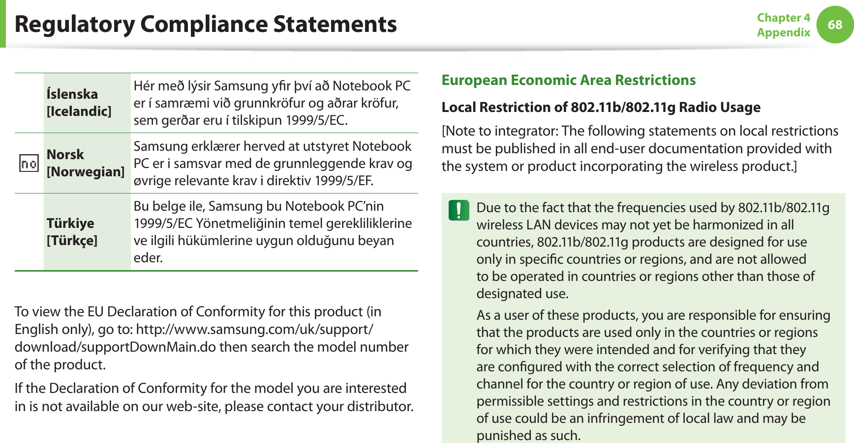 68Chapter 4AppendixRegulatory Compliance StatementsÍslenska[Icelandic]Hér með lýsir Samsung y r því að Notebook PC er í samræmi við grunnkröfur og aðrar kröfur, sem gerðar eru í tilskipun 1999/5/EC.Norsk[Norwegian]Samsung erklærer herved at utstyret Notebook PC er i samsvar med de grunnleggende krav og øvrige relevante krav i direktiv 1999/5/EF.Türkiye[Türkçe]Bu belge ile, Samsung bu Notebook PC’nin 1999/5/EC Yönetmeliğinin temel gerekliliklerine ve ilgili hükümlerine uygun olduğunu beyan eder.To view the EU Declaration of Conformity for this product (in English only), go to: http://www.samsung.com/uk/support/download/supportDownMain.do then search the model number of the product.If the Declaration of Conformity for the model you are interested in is not available on our web-site, please contact your distributor.European Economic Area RestrictionsLocal Restriction of 802.11b/802.11g Radio Usage[Note to integrator: The following statements on local restrictions must be published in all end-user documentation provided with the system or product incorporating the wireless product.]Due to the fact that the frequencies used by 802.11b/802.11g wireless LAN devices may not yet be harmonized in all countries, 802.11b/802.11g products are designed for use only in speci c countries or regions, and are not allowed to be operated in countries or regions other than those of designated use.As a user of these products, you are responsible for ensuring that the products are used only in the countries or regions for which they were intended and for verifying that they are con gured with the correct selection of frequency and channel for the country or region of use. Any deviation from permissible settings and restrictions in the country or region of use could be an infringement of local law and may be punished as such.